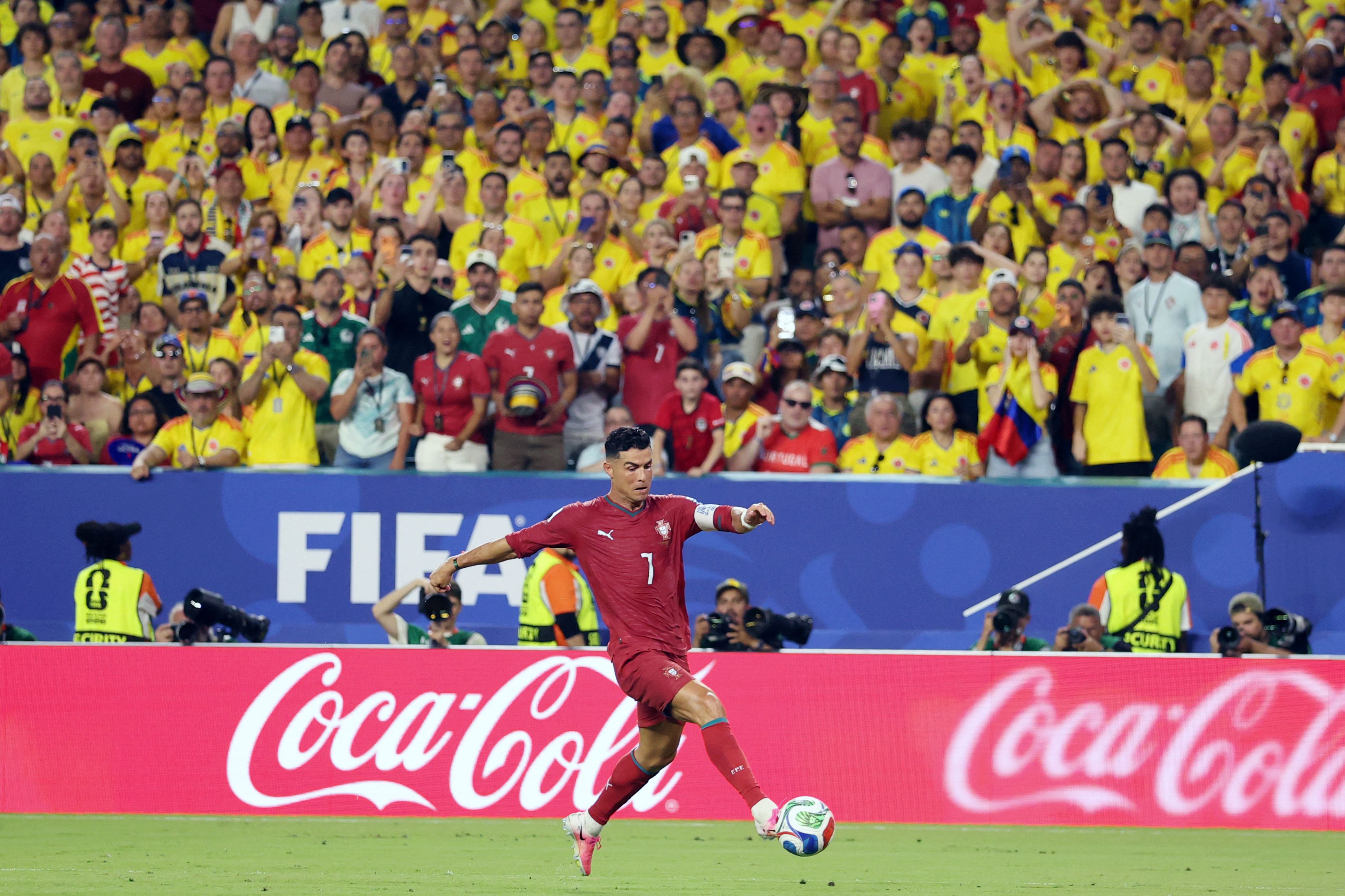 Portugal's forward #07 Cristiano Ronaldo runs with the ball during the 2026 World Cup Group K football match between Colombia and Portugal at the Miami Stadium in Miami Gardens on June 27, 2026.  (Photo by PATRICIA DE MELO MOREIRA / AFP)