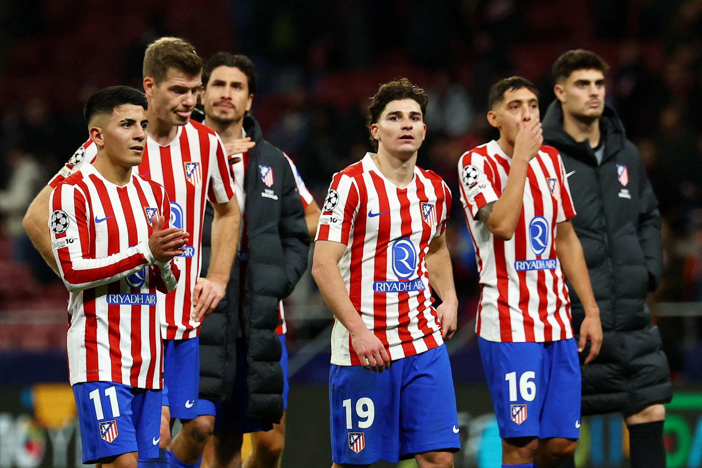 Soccer Football - UEFA Champions League - Atletico Madrid v Bodo/Glimt - Riyadh Air Metropolitano, Madrid, Spain - January 28, 2026 Atletico Madrid's Thiago Almada, Alexander Sorloth, Julian Alvarez and Nahuel Molina look dejected after the match REUTERS/Susana Vera TPX IMAGES OF THE DAY