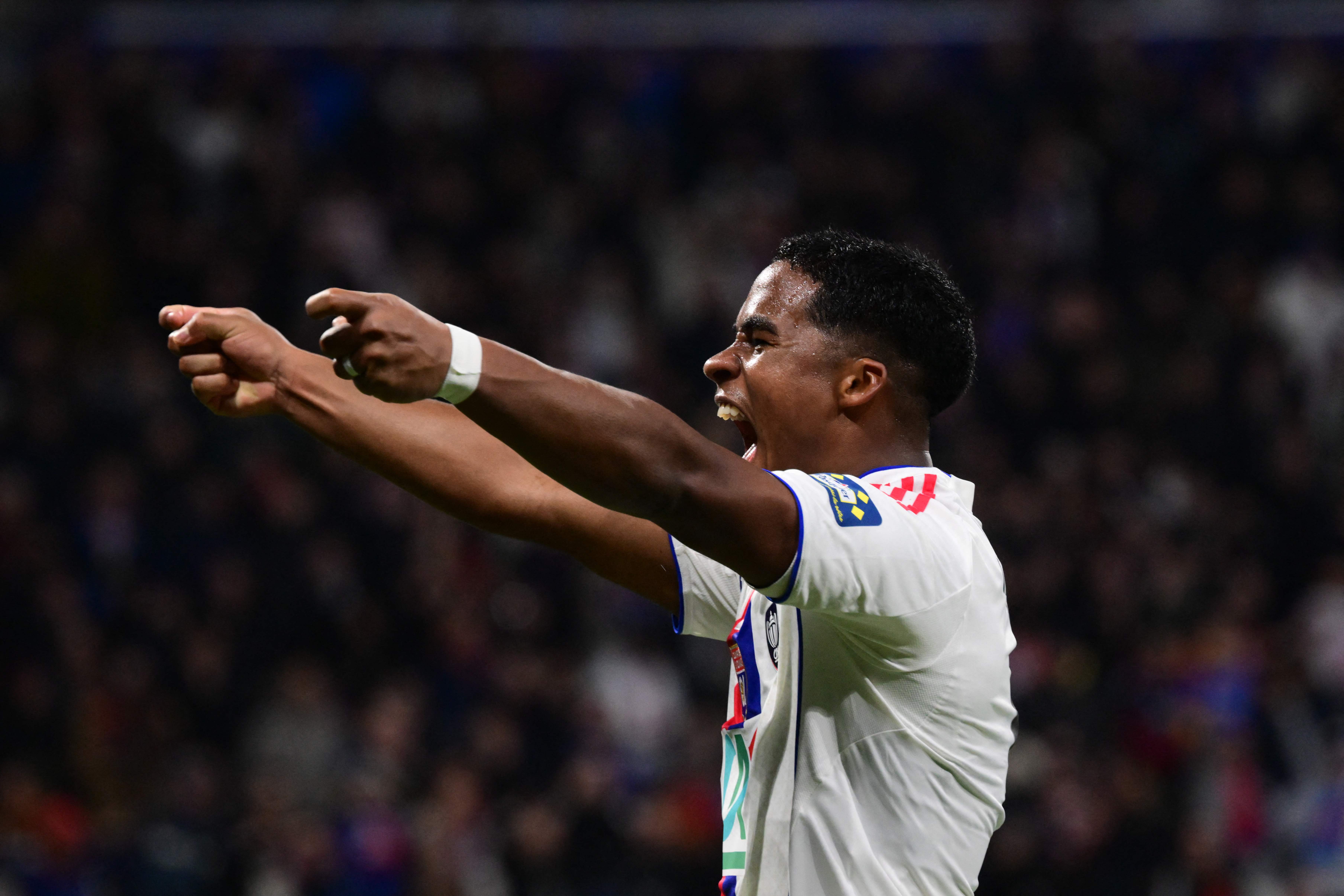 Lyon�s Brazilian forward #09 Endrick celebrates celebrates scoring his team's first goal during the French Cup round of 16 football match between Olympique Lyonnais and Laval Stade Mayenne FC at Groupama Stadium in Lyon on February 4, 2026. (Photo by OLIVIER CHASSIGNOLE / AFP)
