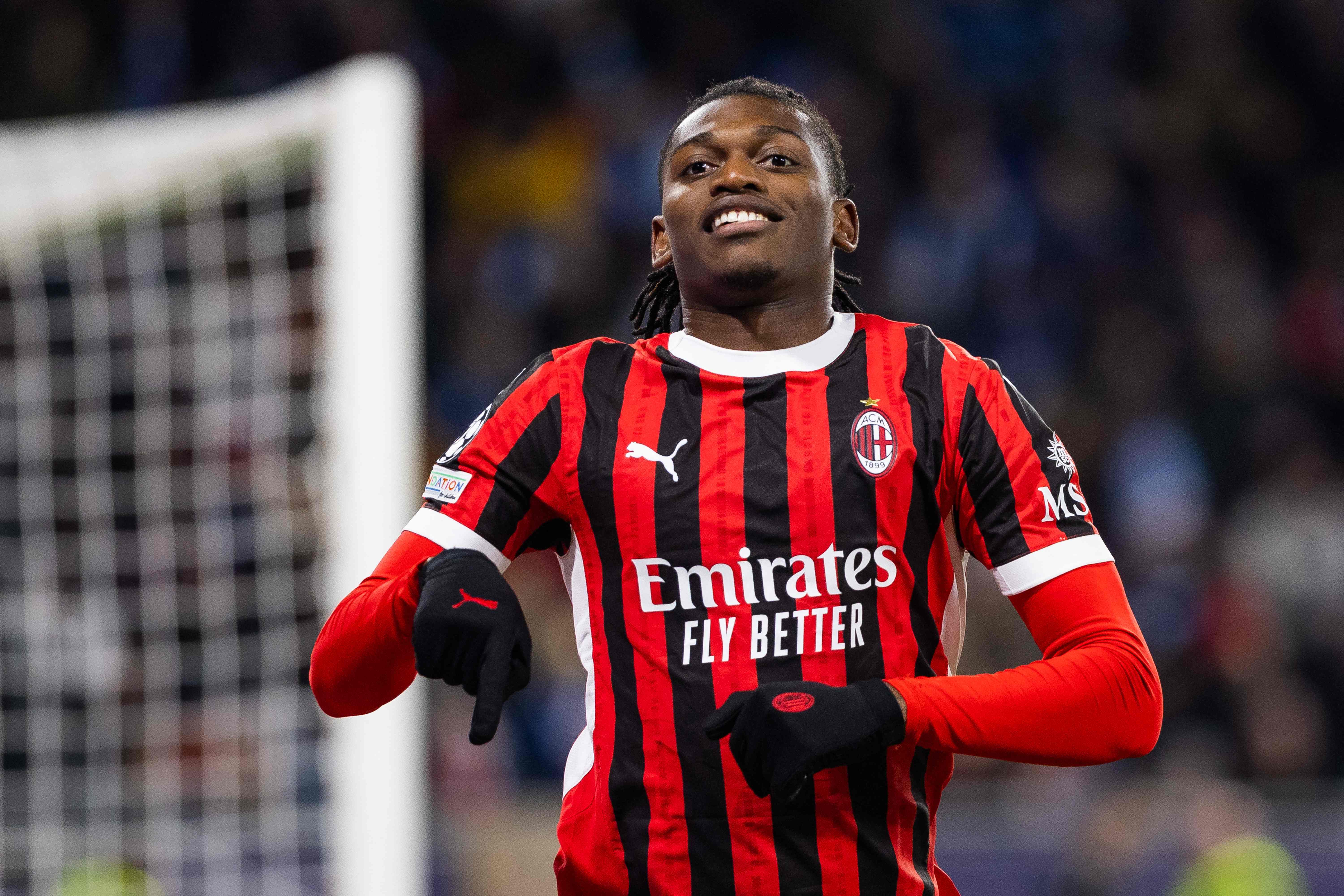 AC Milan's Portuguese forward #10 Rafael Leao celebrates scoring during the UEFA Champions League football match SK Slovan Bratislava vs AC Milan in Bratislava, Slovakia on November 26, 2024. (Photo by -STR / AFP)