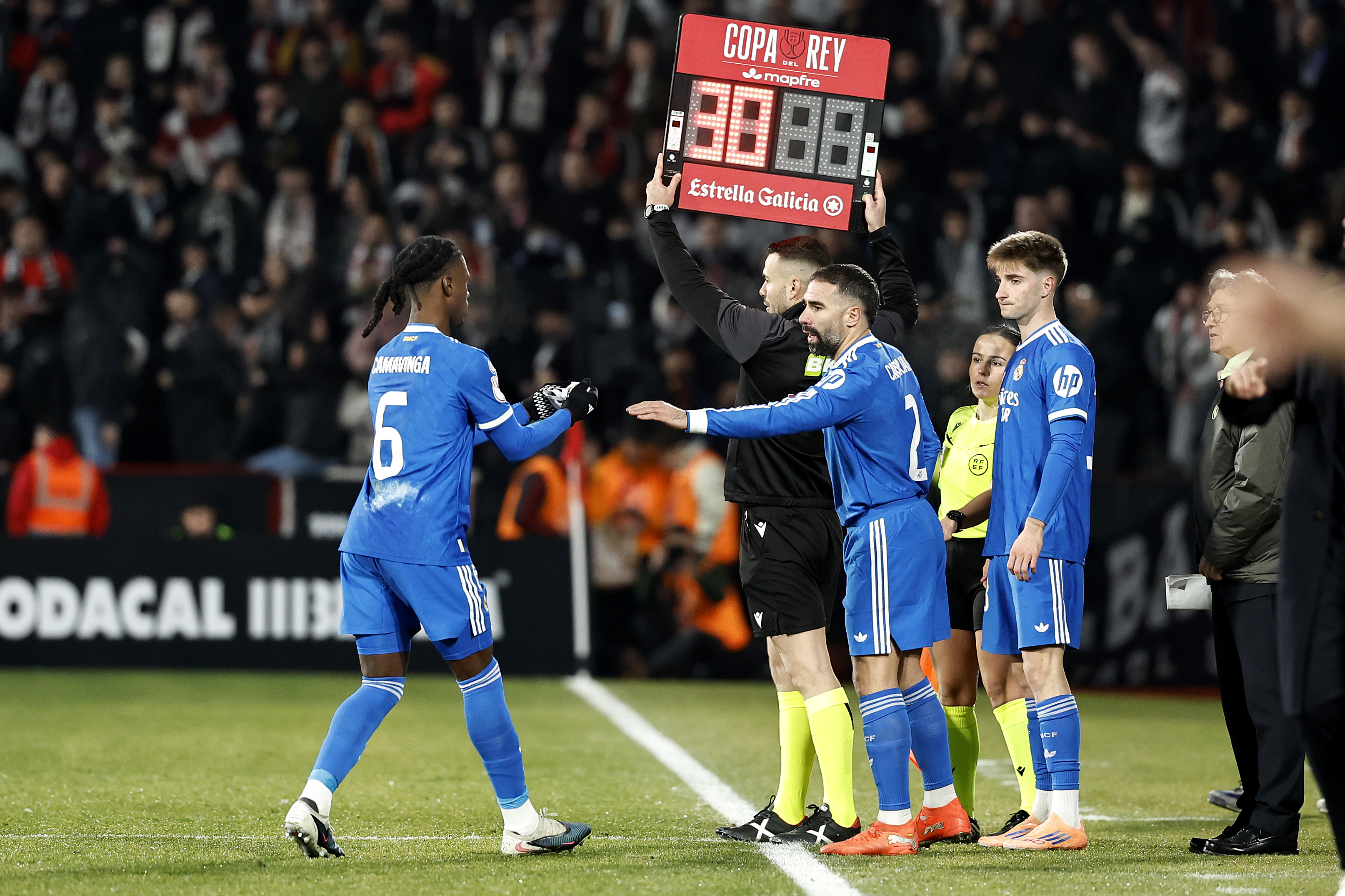 14/01/26 PARTIDO OCTAVOS COPA DEL REY 
ALBACETE - REAL MADRID 
CAMBIO SUSTITUCION BRAZALETE CAPITAN EDUARDO CAMAVINGA DANI CARVAJAL 
PALACIOS 