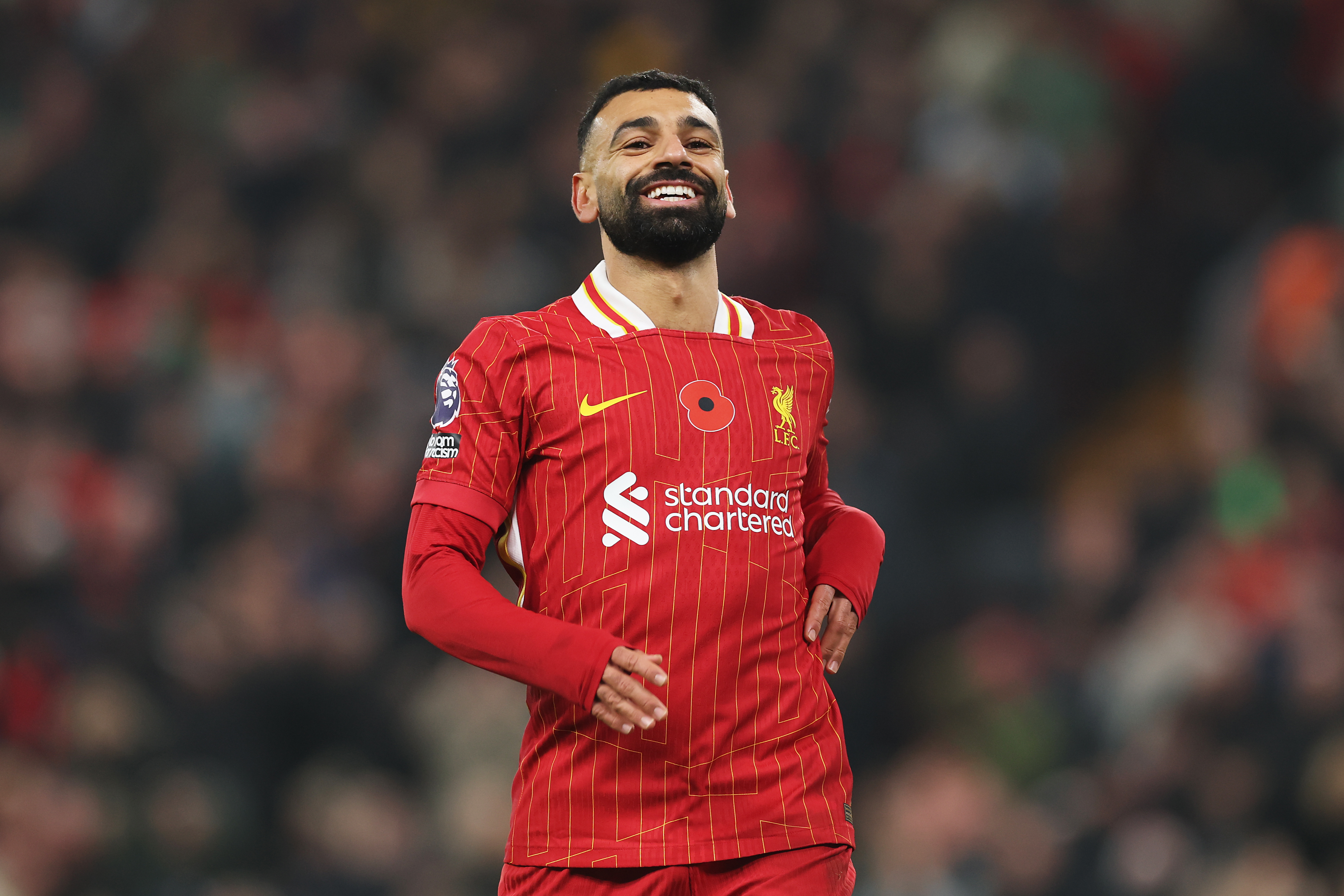 LIVERPOOL, ENGLAND - NOVEMBER 09: Mohamed Salah of Liverpool reacts during the Premier League match between Liverpool FC and Aston Villa FC at Anfield on November 09, 2024 in Liverpool, England. (Photo by Carl Recine/Getty Images)