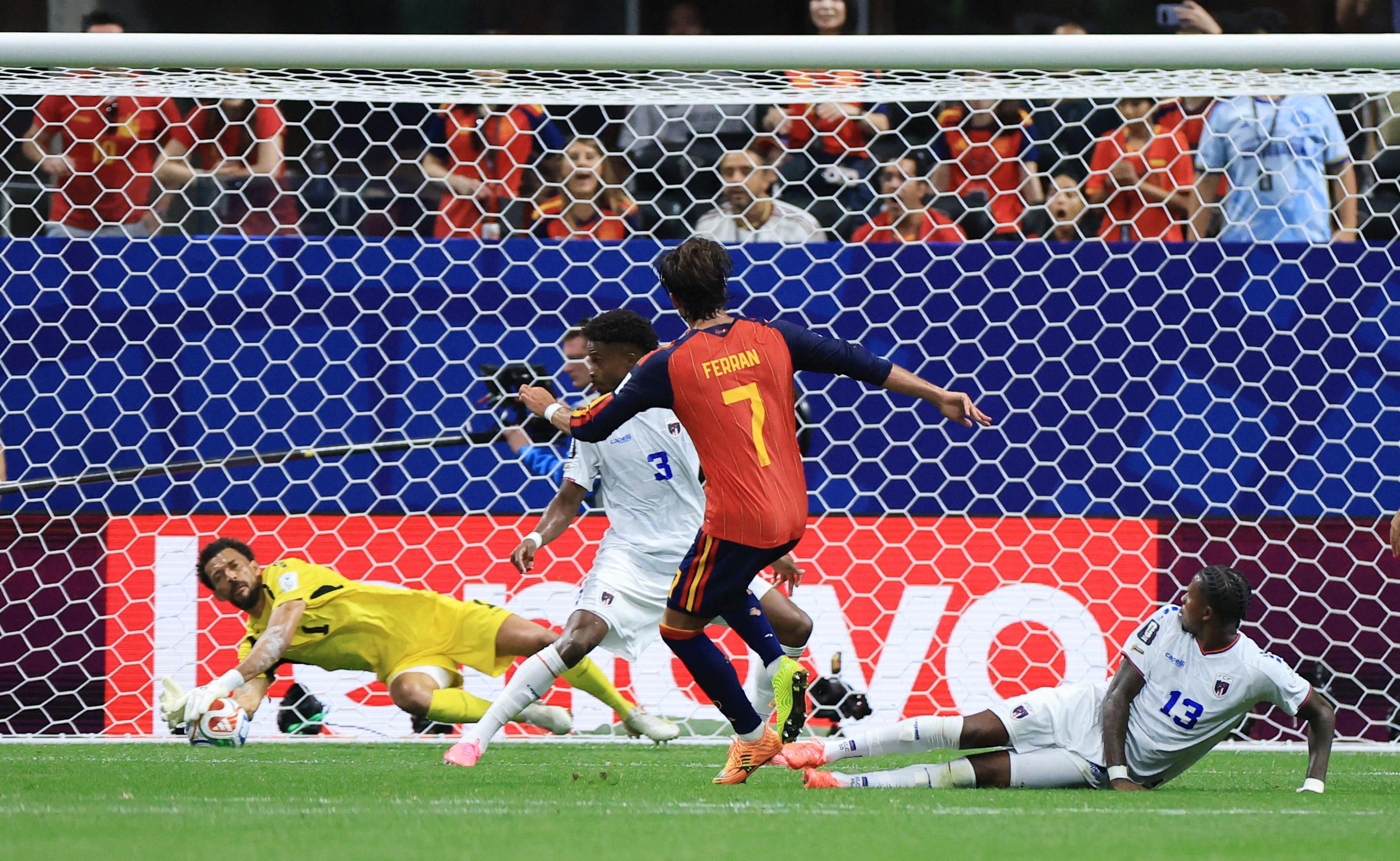 Soccer Football - FIFA World Cup 2026 - Group H - Spain v Cape Verde - Atlanta Stadium, Atlanta, Georgia, U.S. - June 15, 2026 Cape Verde's Vozinha makes a save from Spain's Ferran Torres REUTERS/Siphiwe Sibeko