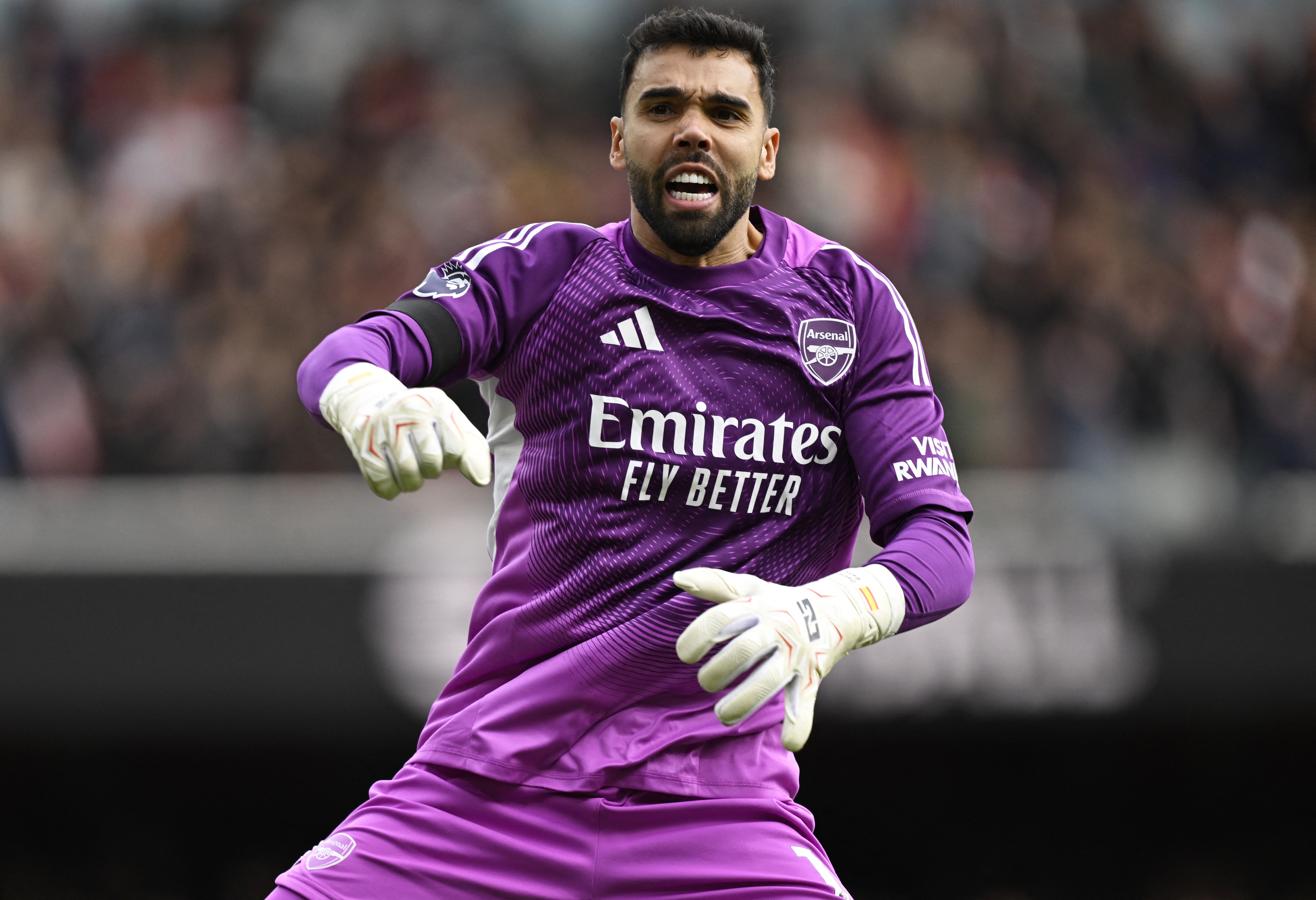 Soccer Football - Premier League - Arsenal v West Ham United - Emirates Stadium, London, Britain - October 4, 2025 Arsenal's David Raya celebrates after Declan Rice scores their first goal REUTERS/Tony O Brien EDITORIAL USE ONLY. NO USE WITH UNAUTHORIZED AUDIO, VIDEO, DATA, FIXTURE LISTS, CLUB/LEAGUE LOGOS OR 'LIVE' SERVICES. ONLINE IN-MATCH USE LIMITED TO 120 IMAGES, NO VIDEO EMULATION. NO USE IN BETTING, GAMES OR SINGLE CLUB/LEAGUE/PLAYER PUBLICATIONS. PLEASE CONTACT YOUR ACCOUNT REPRESENTATIVE FOR FURTHER DETAILS..