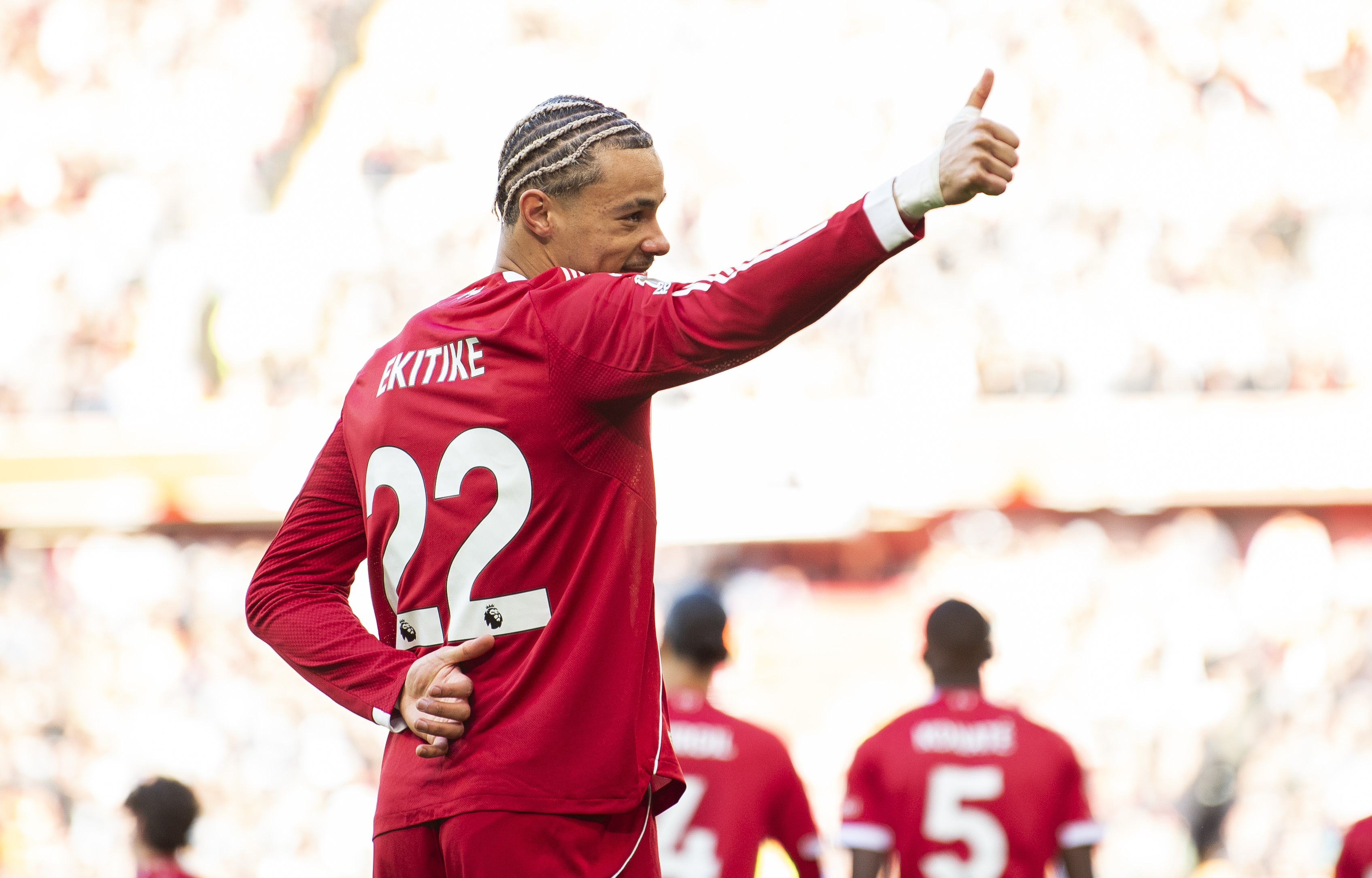LIVERPOOL (United Kingdom), 28/02/2026.- Hugo Ekitike of Liverpool celebrates scoring the 1-0 goal during the English Premier League soccer match of Liverpool FC against West Ham United, in Liverpool, Britain, 28 February 2026. (Reino Unido) EFE/EPA/PETER POWELL EDITORIAL USE ONLY. No use with unauthorized audio, video, data, fixture lists, club/league logos, 'live' services or NFTs. Online in-match use limited to 120 images, no video emulation. No use in betting, games or single club/league/player publications.