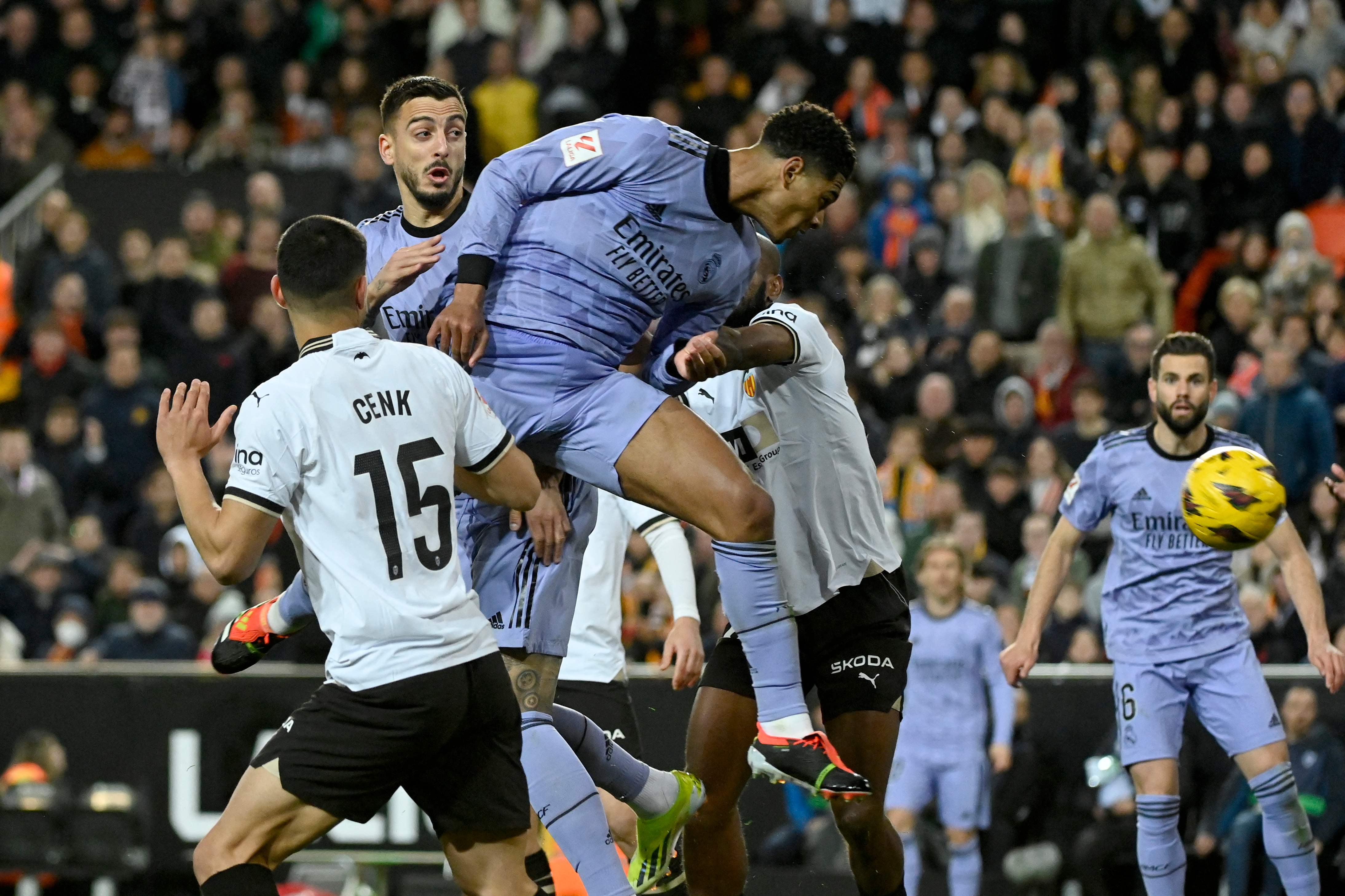 Real Madrid's English midfielder #5 Jude Bellingham attempts to score at the end of the Spanish league football match between Valencia CF and Real Madrid at the Mestalla stadium in Valencia on March 2, 2024 (Photo by JOSE JORDAN / AFP)