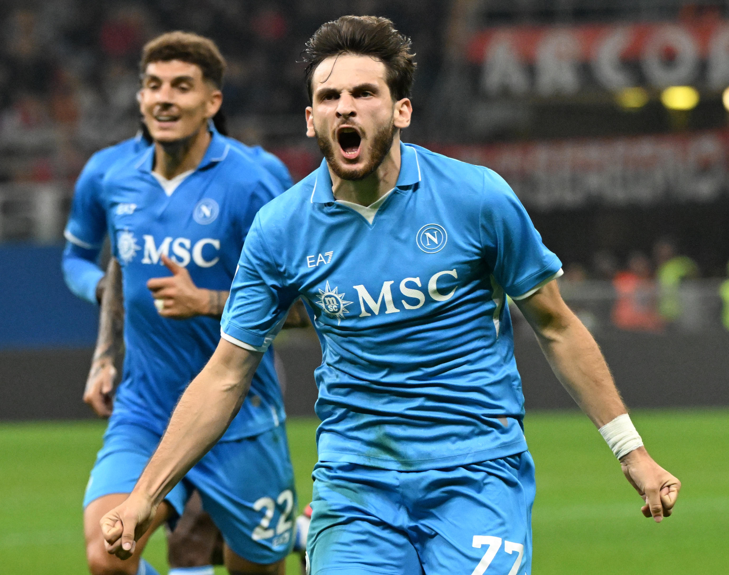 Milan (Italy), 28/10/2024.- Napoli'Äôs Khvicha Kvaratskhelia celebrates scoring the 0-2 goal during the Italian Serie A soccer match between AC Milan and SSC Napoli, in Milan, Italy, 29 October 2024. (Italia) EFE/EPA/DANIEL DAL ZENNARO