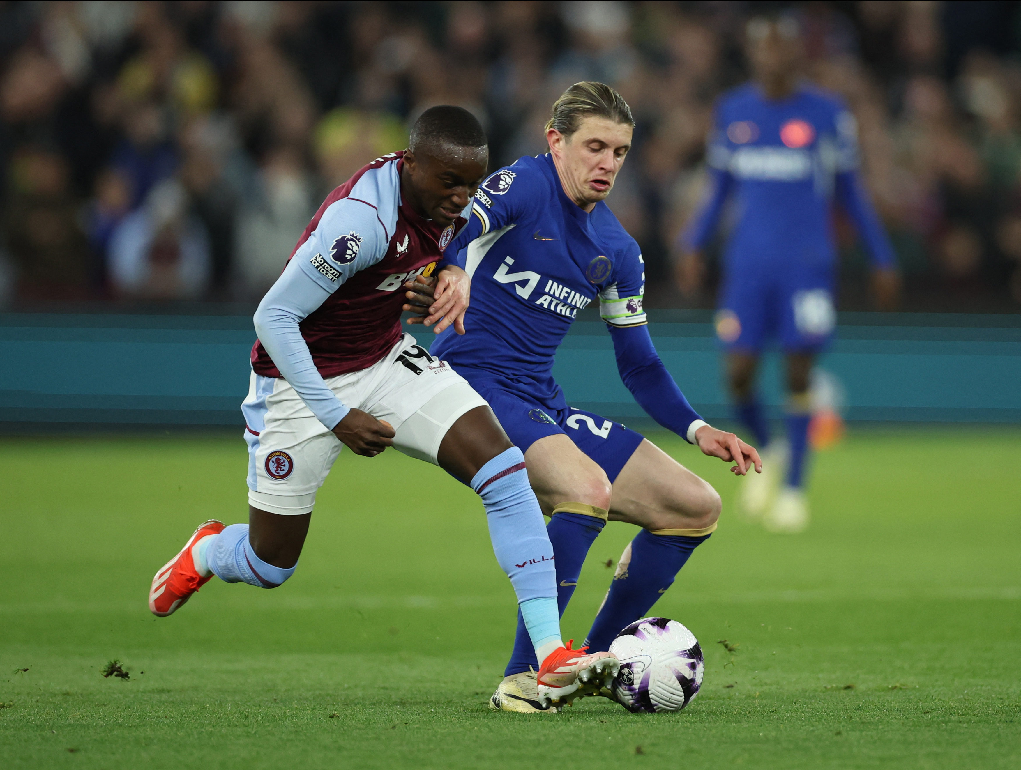 Soccer Football - Premier League - Aston Villa v Chelsea - Villa Park, Birmingham, Britain - April 27, 2024 Aston Villa's Moussa Diaby in action with Chelsea's Conor Gallagher Action Images via Reuters/Andrew Boyers NO USE WITH UNAUTHORIZED AUDIO, VIDEO, DATA, FIXTURE LISTS, CLUB/LEAGUE LOGOS OR 'LIVE' SERVICES. ONLINE IN-MATCH USE LIMITED TO 45 IMAGES, NO VIDEO EMULATION. NO USE IN BETTING, GAMES OR SINGLE CLUB/LEAGUE/PLAYER PUBLICATIONS.