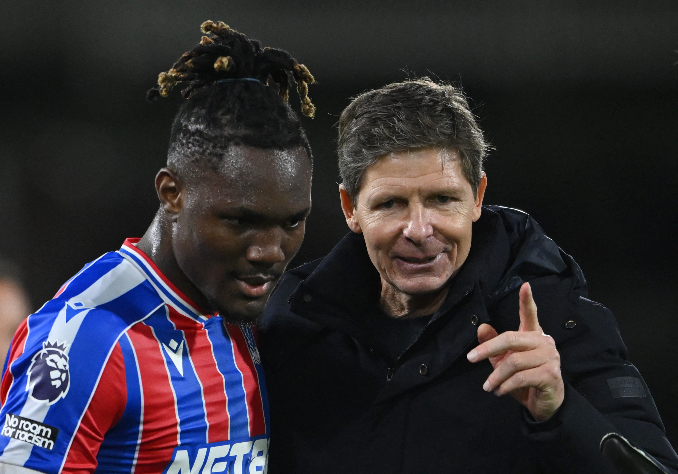 Soccer Football - Premier League - Fulham v Crystal Palace - Craven Cottage, London, Britain - December 7, 2025
Crystal Palace's Christantus Uche and manager Oliver Glasner celebrate after the match REUTERS/Jaimi Joy EDITORIAL USE ONLY. NO USE WITH UNAUTHORIZED AUDIO, VIDEO, DATA, FIXTURE LISTS, CLUB/LEAGUE LOGOS OR 'LIVE' SERVICES. ONLINE IN-MATCH USE LIMITED TO 120 IMAGES, NO VIDEO EMULATION. NO USE IN BETTING, GAMES OR SINGLE CLUB/LEAGUE/PLAYER PUBLICATIONS. PLEASE CONTACT YOUR ACCOUNT REPRESENTATIVE FOR FURTHER DETAILS..