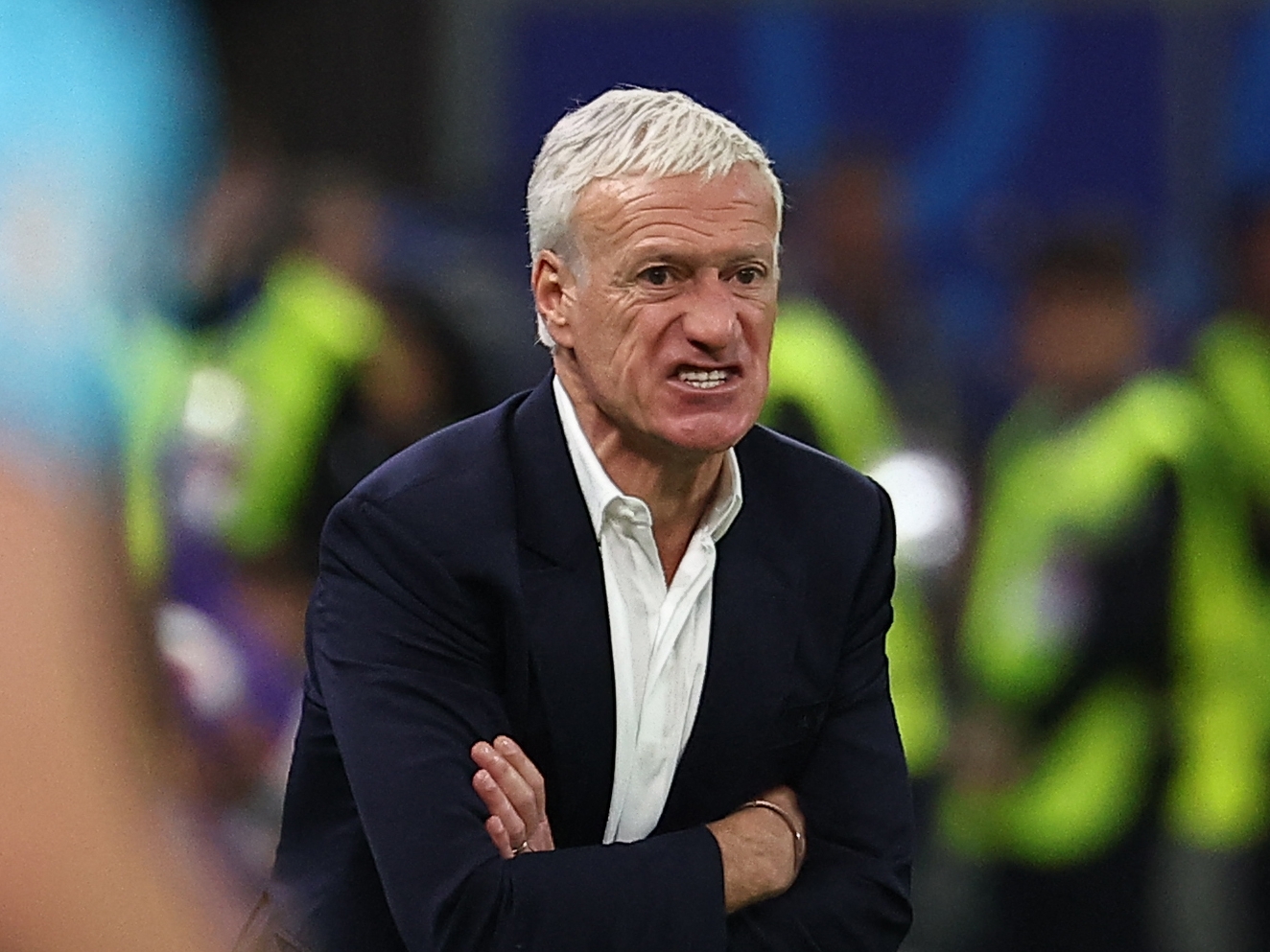 France's head coach Didier Deschamps reacts during the UEFA Euro 2024 quarter-final football match between Portugal and France at the Volksparkstadion in Hamburg on July 5, 2024. (Photo by FRANCK FIFE / AFP)