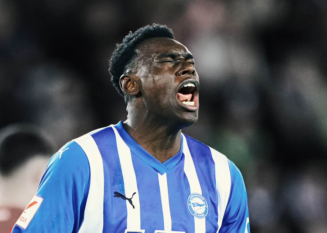 VITORIA-GASTEIZ, SPAIN - FEBRUARY 24: Samu Omorodion of Deportivo Alaves reacts during the LaLiga EA Sports match between Deportivo Alaves and RCD Mallorca at Estadio de Mendizorroza on February 24, 2024 in Vitoria-Gasteiz, Spain. (Photo by Juan Manuel Serrano Arce/Getty Images)