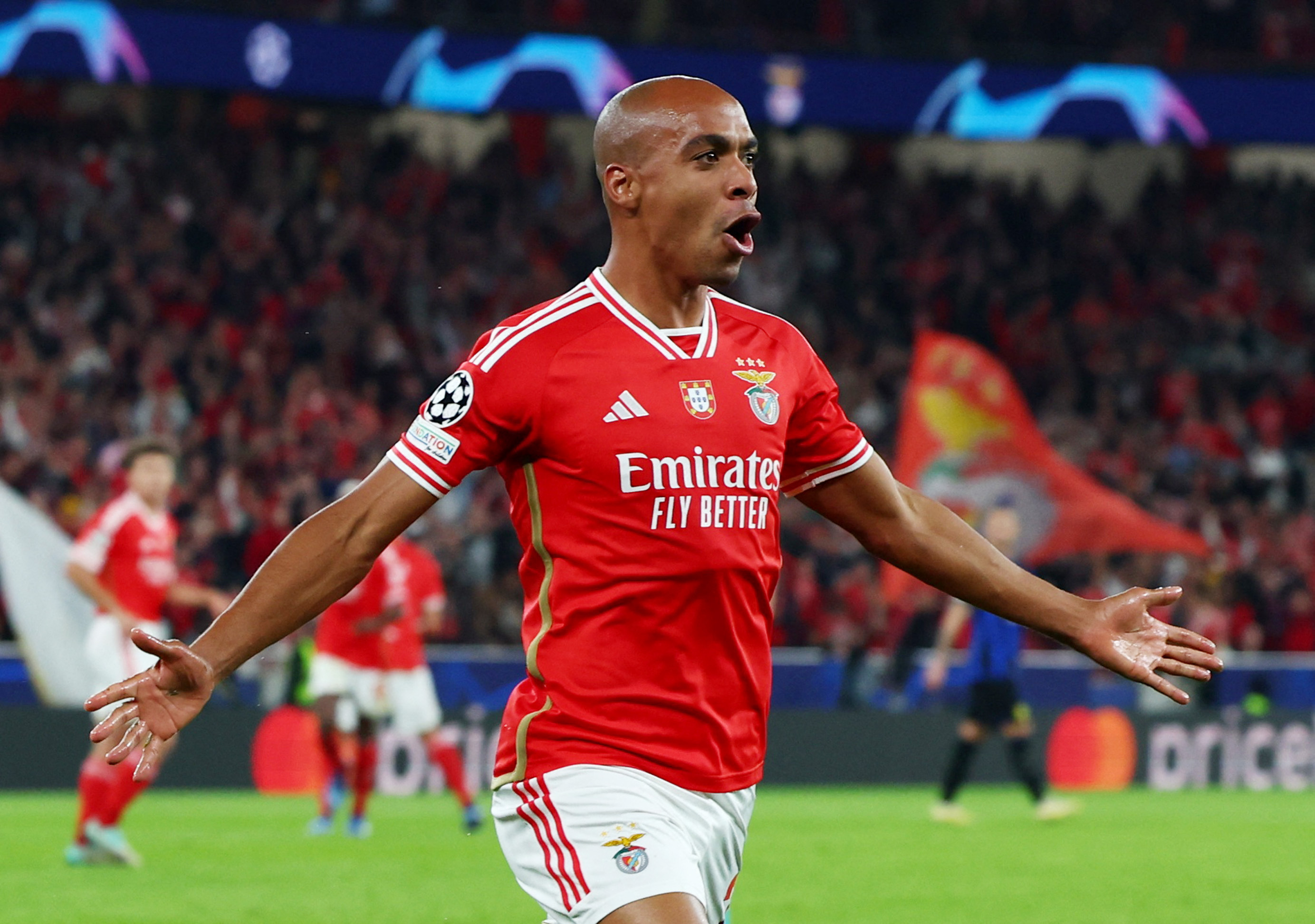 Soccer Football - Champions League - Group D - Benfica v Inter Milan - Estadio da Luz, Lisbon, Portugal - November 29, 2023 Benfica's Joao Mario celebrates scoring their first goal REUTERS/Pedro Nunes