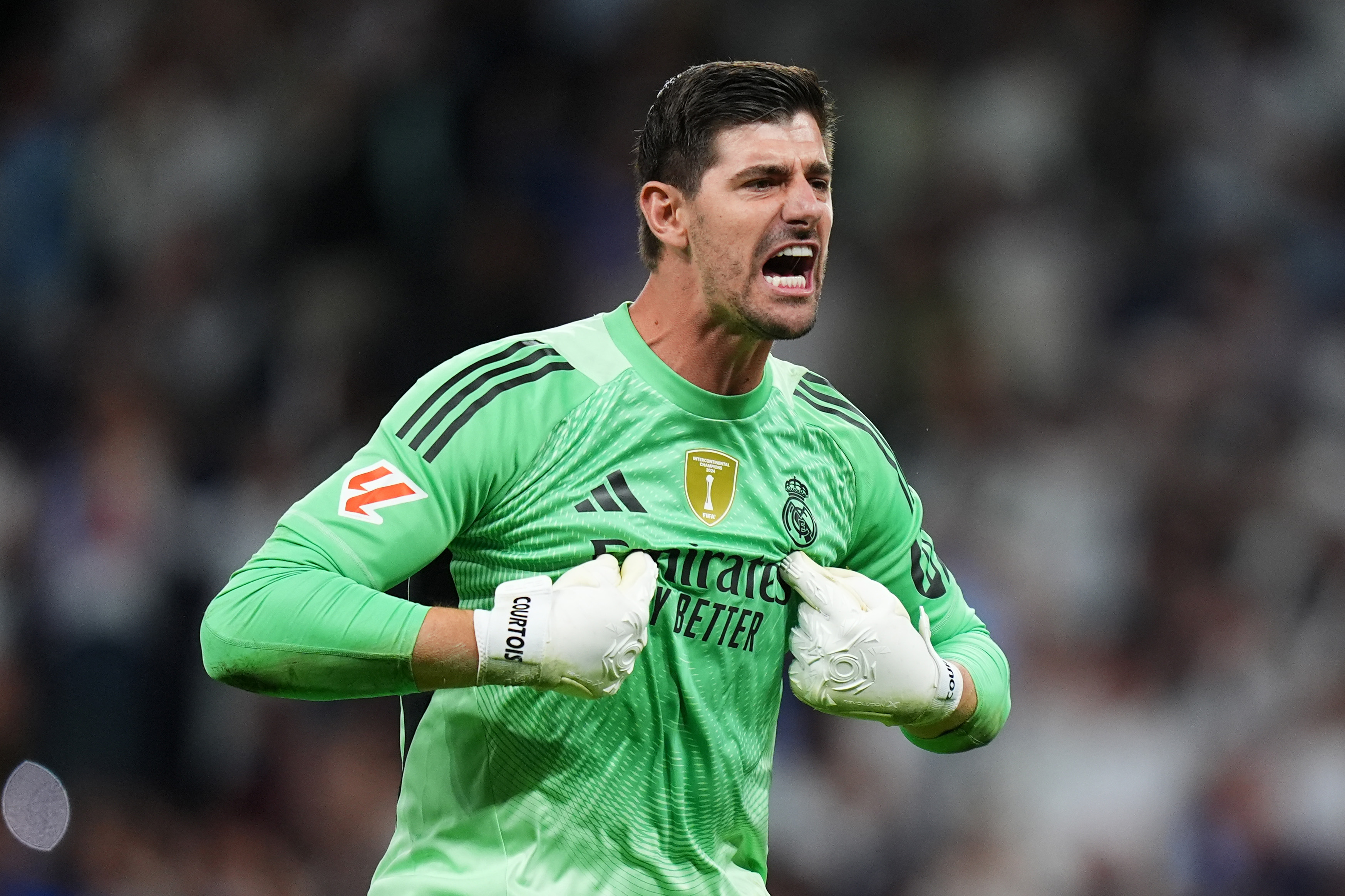 MADRID, SPAIN - OCTOBER 26: Thibaut Courtois of Real Madrid celebrates victory after the LaLiga EA Sports match between Real Madrid CF and FC Barcelona at Estadio Santiago Bernabeu on October 26, 2025 in Madrid, Spain. (Photo by Angel Martinez/Getty Images)