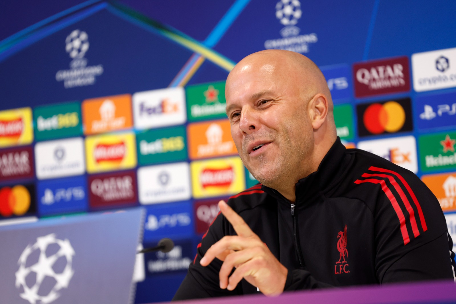 Arne Slot speaks at the pregame press conference.