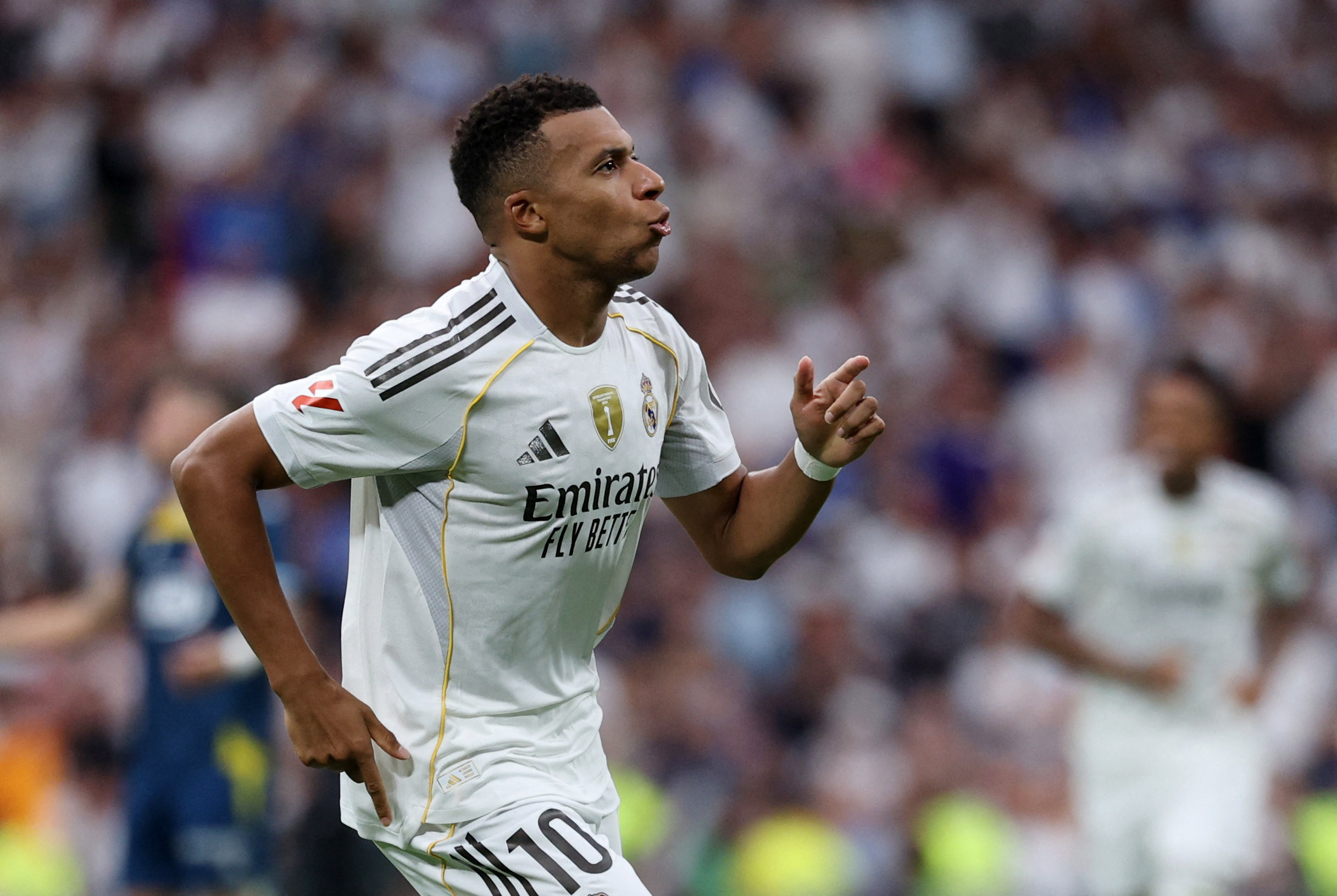 Soccer Football - LaLiga - Real Madrid v Espanyol - Santiago Bernabeu, Madrid, Spain - September 20, 2025 Real Madrid's Kylian Mbappe celebrates scoring their second goal REUTERS/Juan Medina