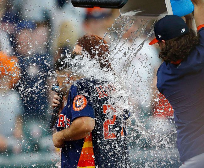 Houston Astros pitcher Lance McCullers Jr. (43) poses with fans