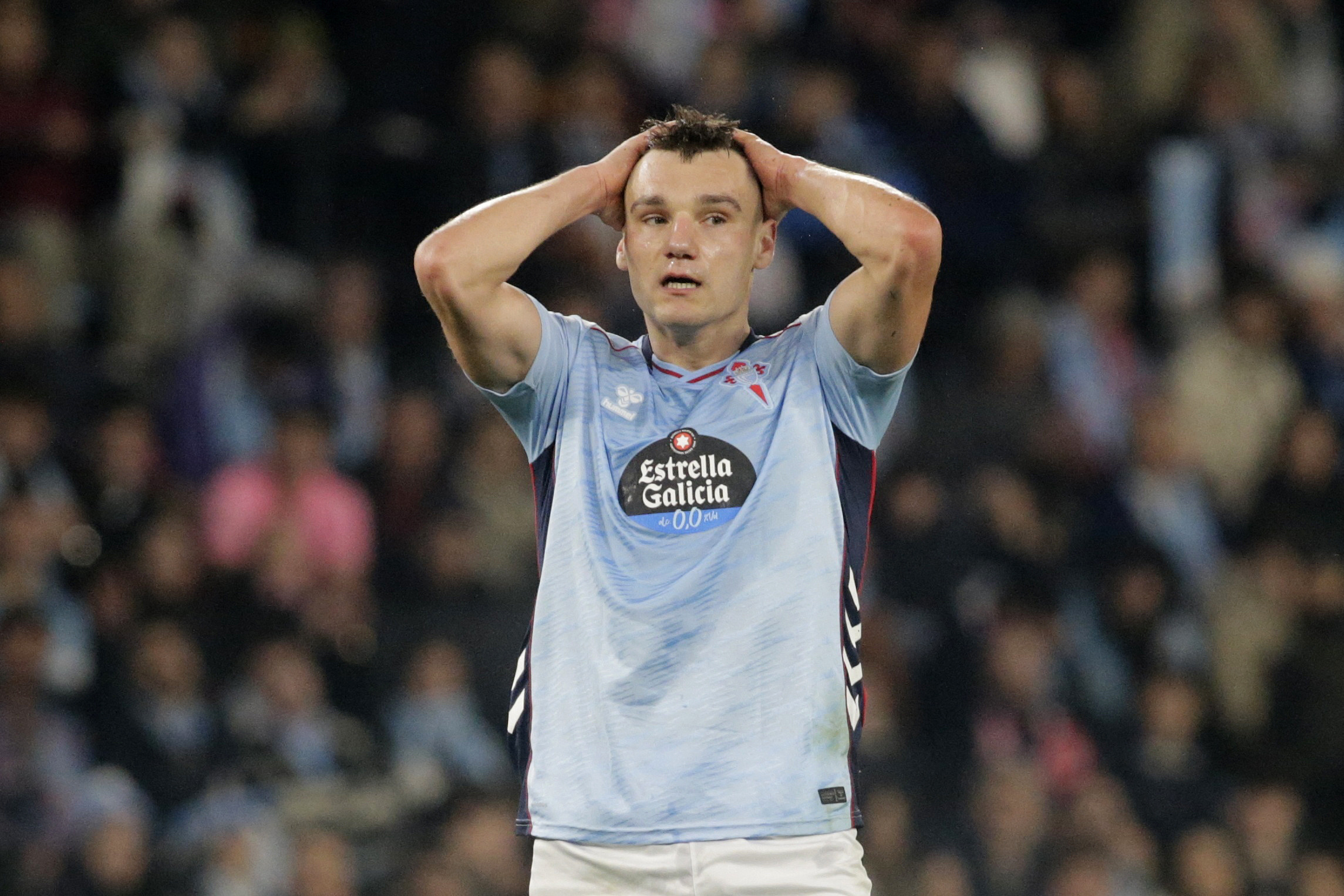 Soccer Football - UEFA Europa League - Round of 16 - First Leg - Celta Vigo v Olympique Lyonnais - Estadio de Balaidos, Vigo, Spain- March 12, 2026 Celta Vigo's Ferran Jutgla reacts REUTERS/Miguel Vidal