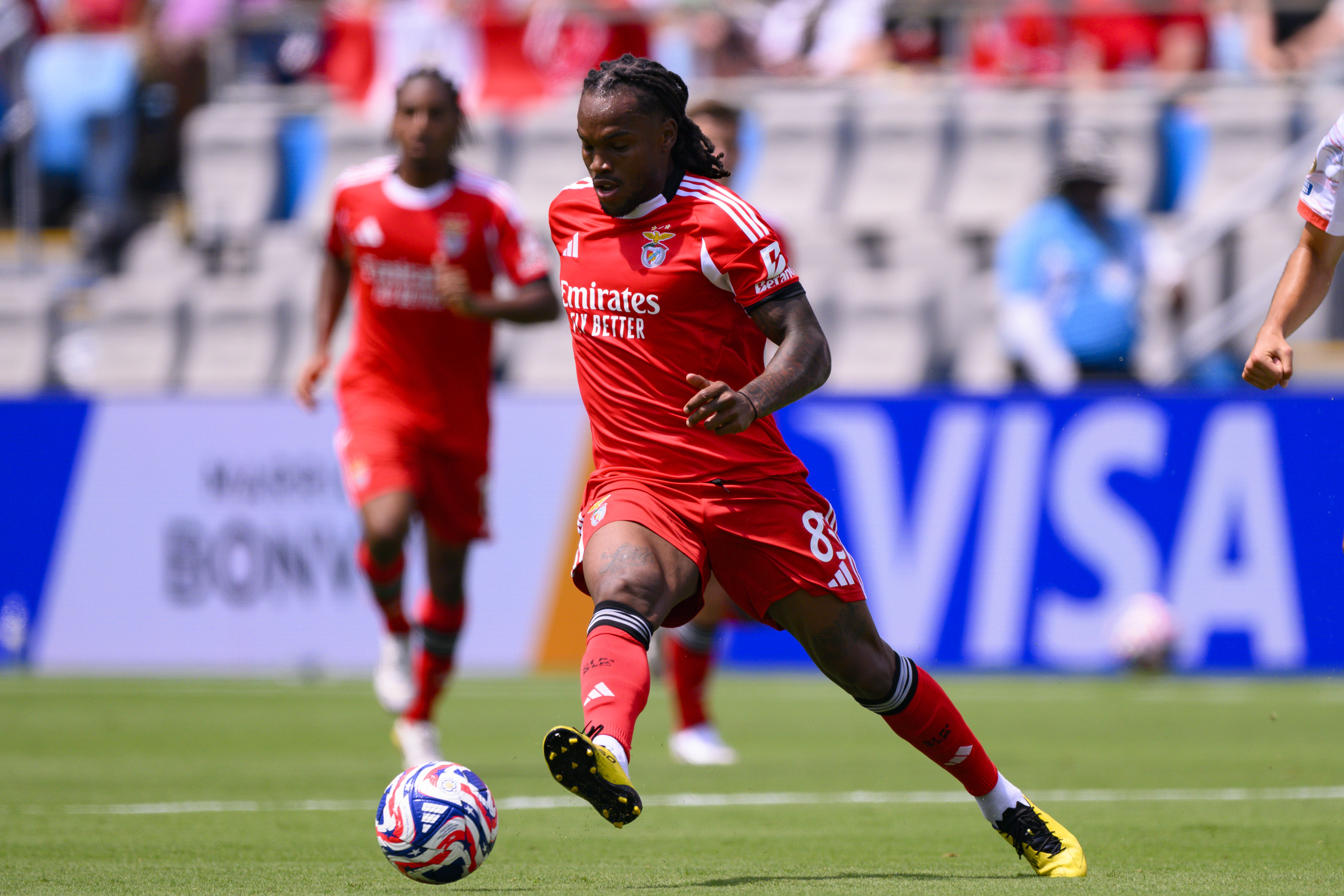 CHARLOTTE, NORTH CAROLINA - JUNE 24: Renato Sanches of SL Benfica runs with the ball during the FIFA Club World Cup 2025 group C match between SL Benfica and FC Bayern München at Bank of America Stadium on June 24, 2025 in Charlotte, North Carolina. (Photo by Marcio Machado/Eurasia Sport Images/Getty Images)