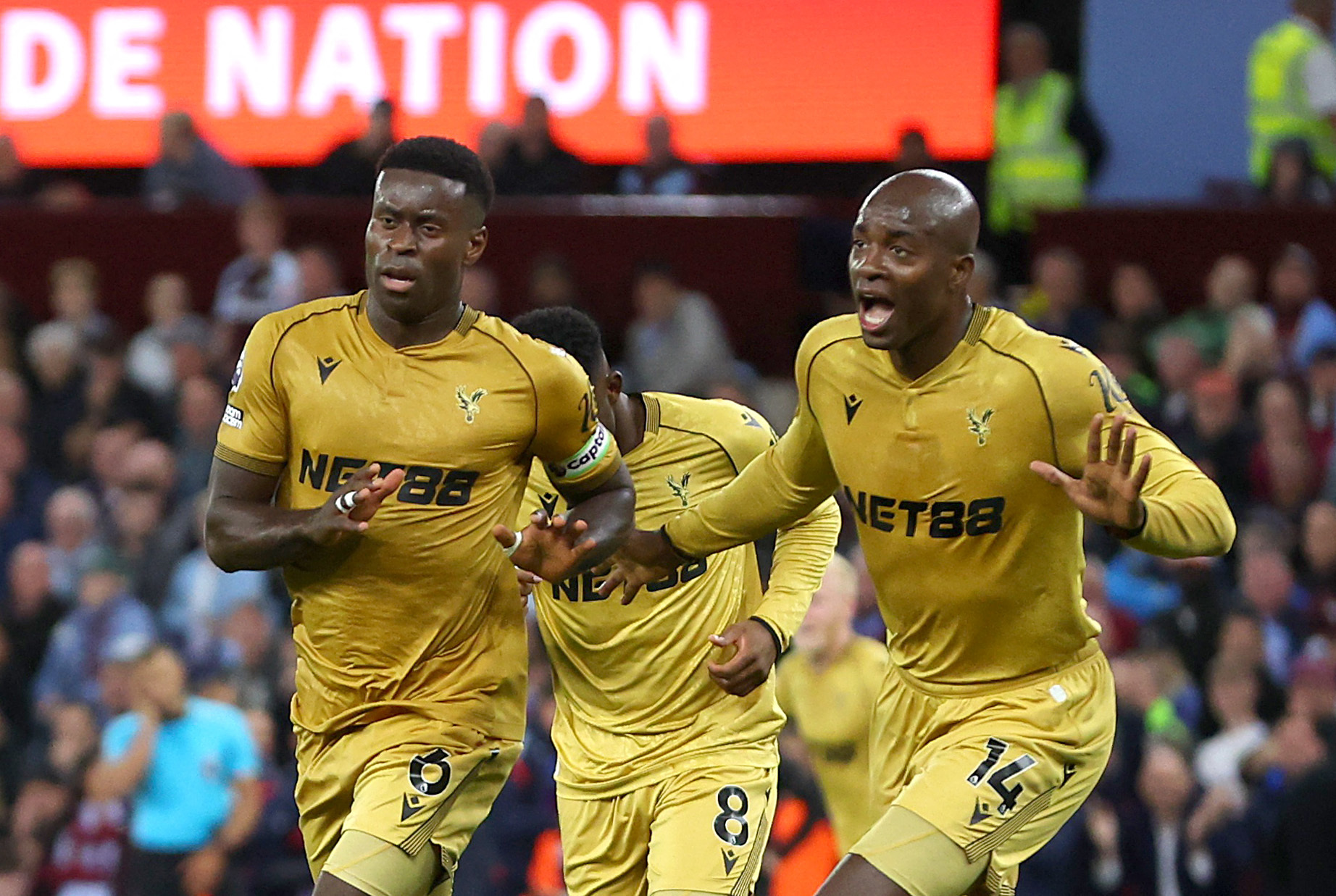 Soccer Football - Premier League - Aston Villa v Crystal Palace - Villa Park, Birmingham, Britain - August 31, 2025 Crystal Palace's Marc Guehi celebrates scoring their second goal with Jean-Philippe Mateta Action Images via Reuters/Craig Brough EDITORIAL USE ONLY. NO USE WITH UNAUTHORIZED AUDIO, VIDEO, DATA, FIXTURE LISTS, CLUB/LEAGUE LOGOS OR 'LIVE' SERVICES. ONLINE IN-MATCH USE LIMITED TO 120 IMAGES, NO VIDEO EMULATION. NO USE IN BETTING, GAMES OR SINGLE CLUB/LEAGUE/PLAYER PUBLICATIONS. PLEASE CONTACT YOUR ACCOUNT REPRESENTATIVE FOR FURTHER DETAILS..