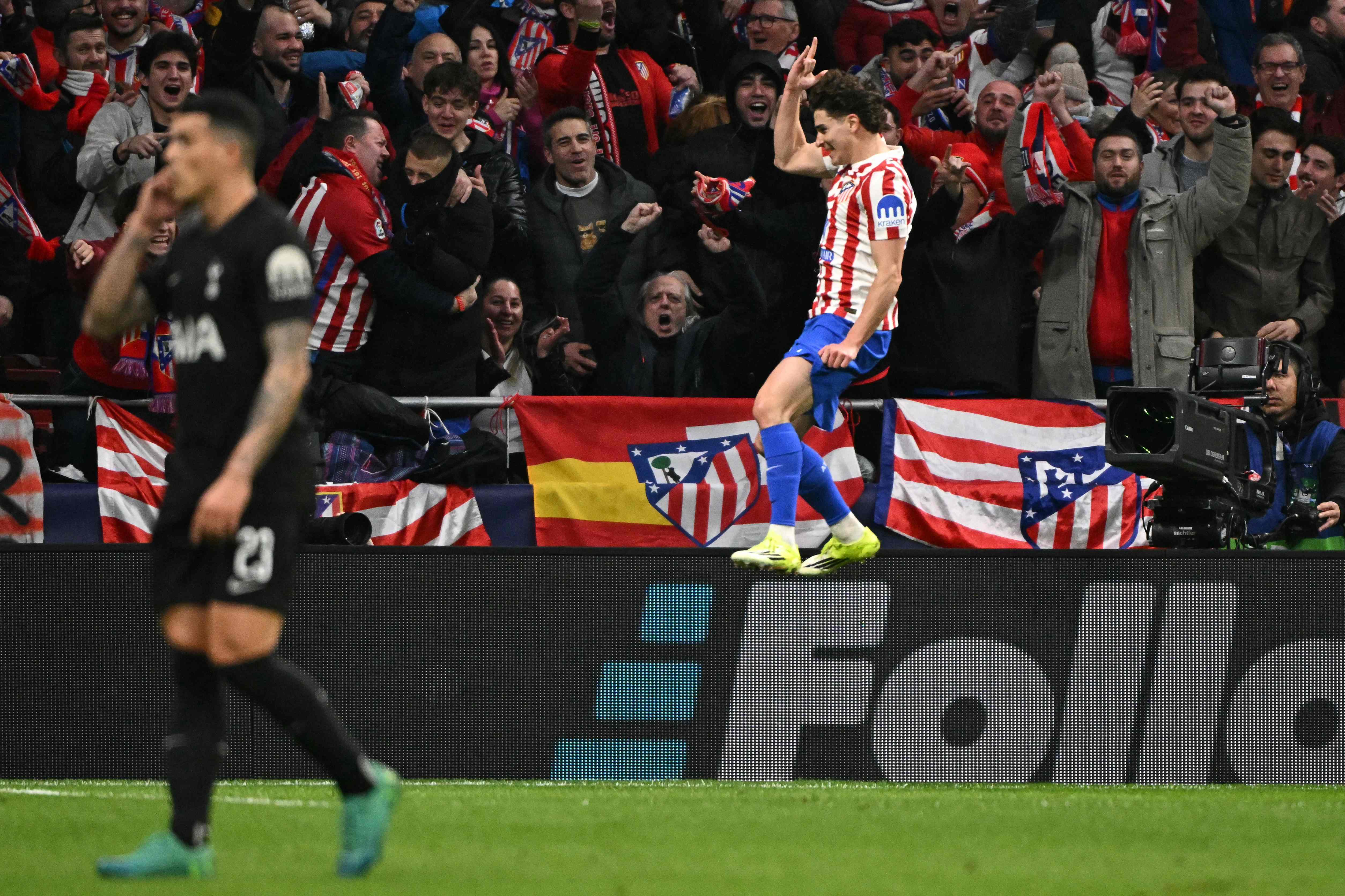 Atletico Madrid's Argentine forward #19 Julian Alvarez celebrates scoring his team's third goal during the UEFA Champions League last 16 first leg football match between Club Atletico de Madrid and Tottenham Hotspur at Metropolitano Stadium in Madrid on March 10, 2026. (Photo by Javier SORIANO / AFP)