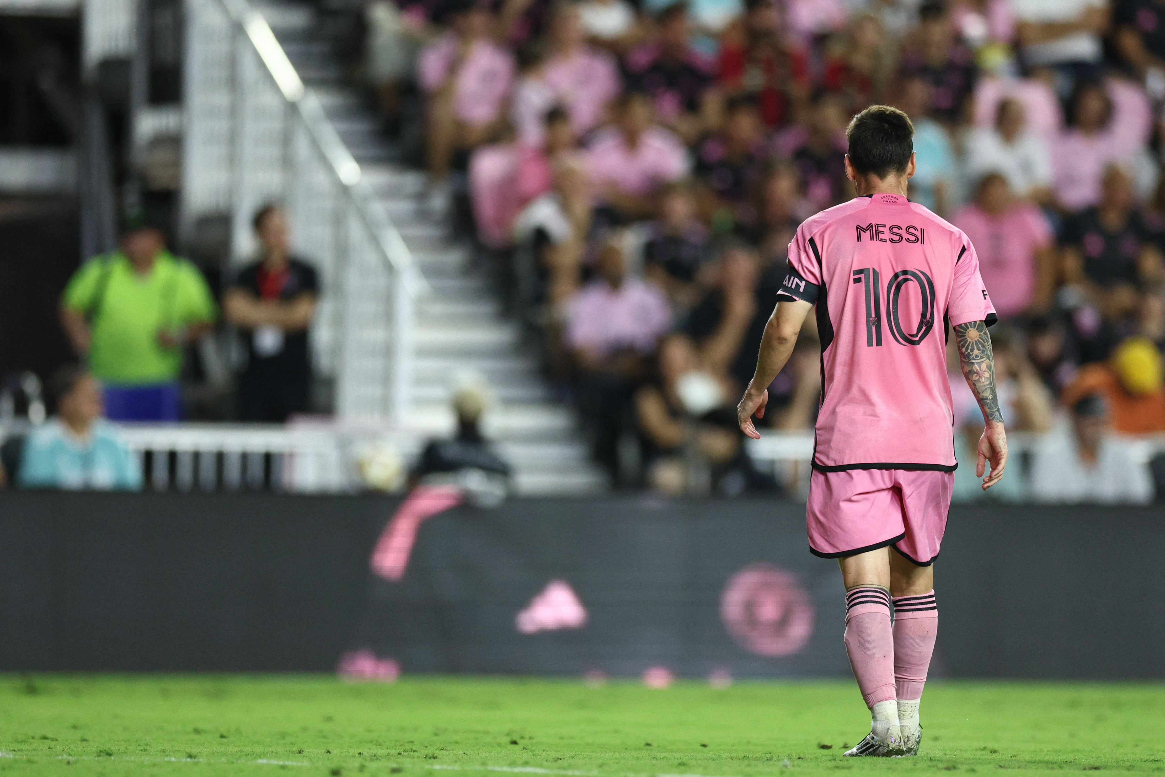 Nov 9, 2024; Fort Lauderdale, Florida, USA; Inter Miami FC forward Lionel Messi (10) reacts in the first half against the Atlanta United FC in a 2024 MLS Cup Playoffs Round One match at Chase Stadium. Mandatory Credit: Nathan Ray Seebeck-Imagn Images