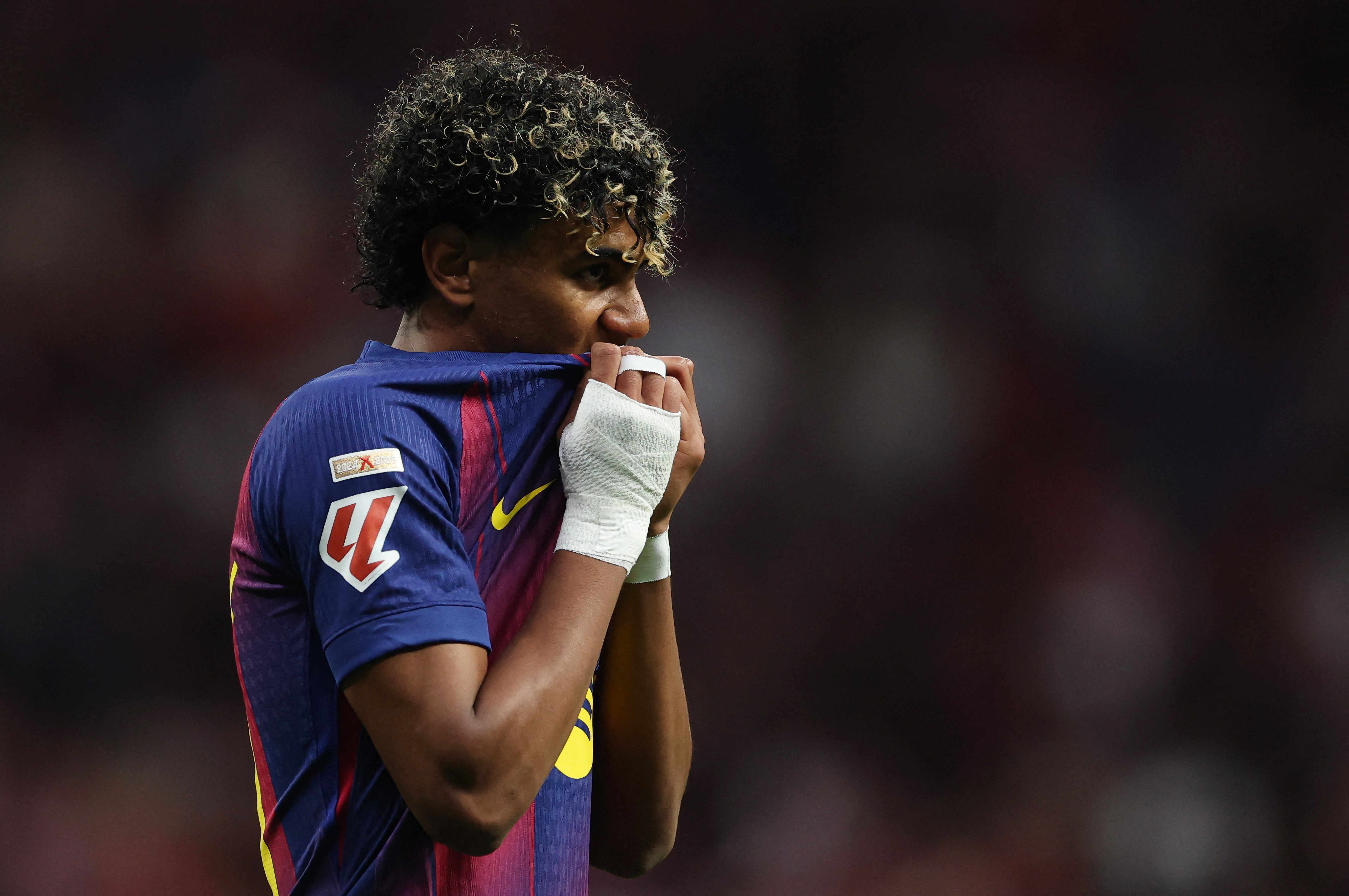 Soccer Football - LaLiga - Atletico Madrid v FC Barcelona - Riyadh Air Metropolitano, Madrid, Spain - April 4, 2026 FC Barcelona's Lamine Yamal reacts REUTERS/Gonzalo Fuentes