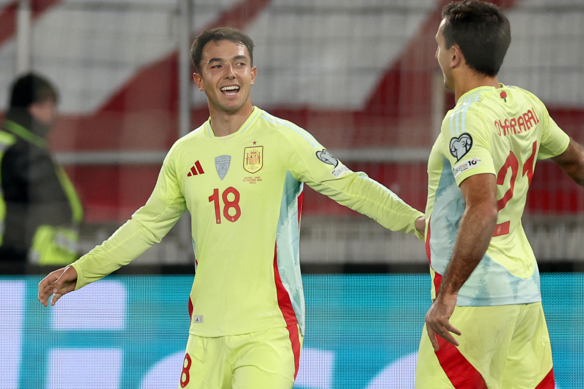 Spain's midfielder #18 Martin Zubimendi celebrates after scoring the team's second goal during the FIFA World Cup 2026 European qualification football match between Georgia and Spain at the Boris Paichadze National Stadium in Tbilisi on November 15, 2025. (Photo by Giorgi ARJEVANIDZE / AFP)