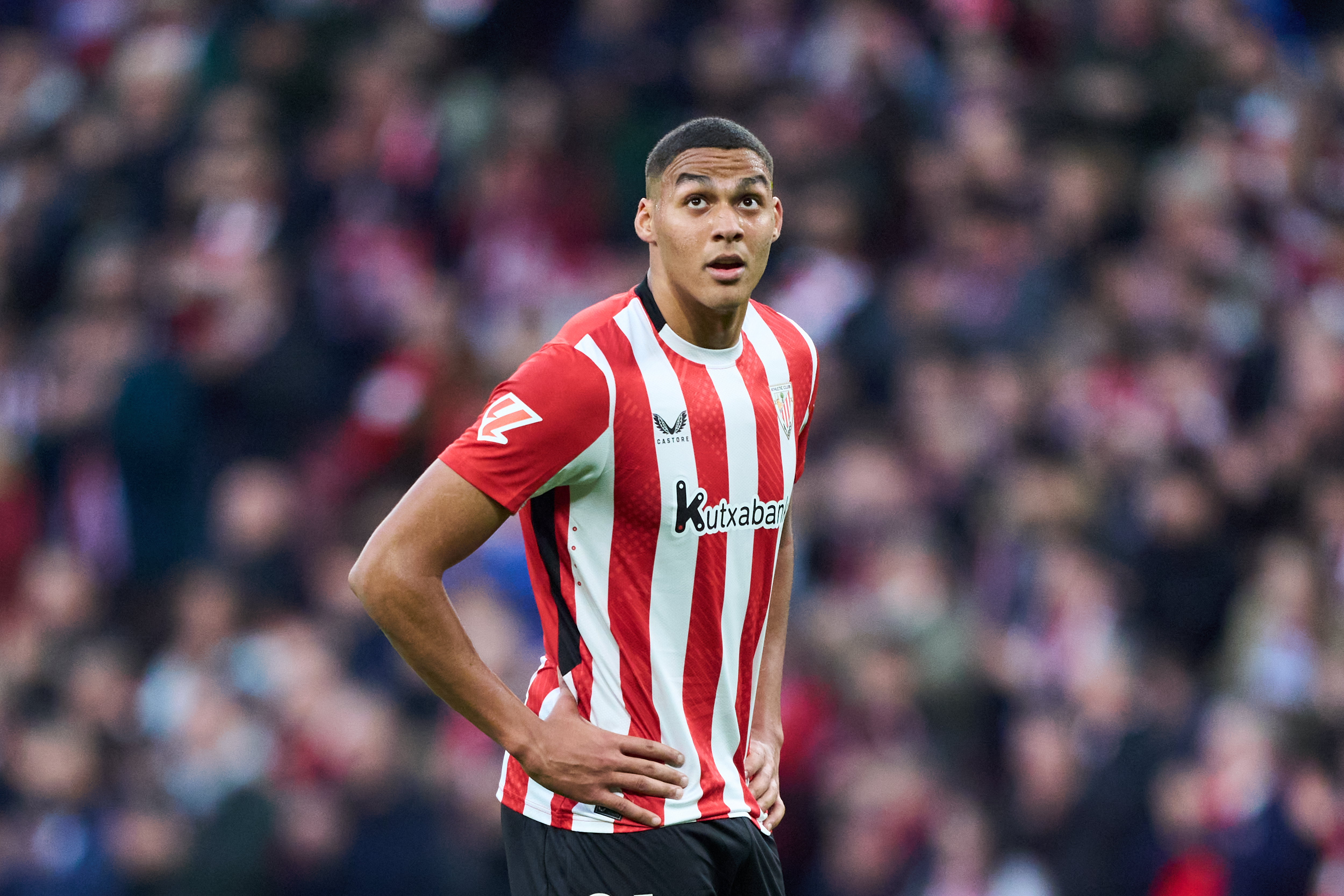 BILBAO, SPAIN - FEBRUARY 08: Maroan Sannadi of Athletic Club looks on during the LaLiga match between Athletic Club and Girona FC at Estadio de San Mames on February 08, 2025 in Bilbao, Spain. (Photo by Juan Manuel Serrano Arce/Getty Images)