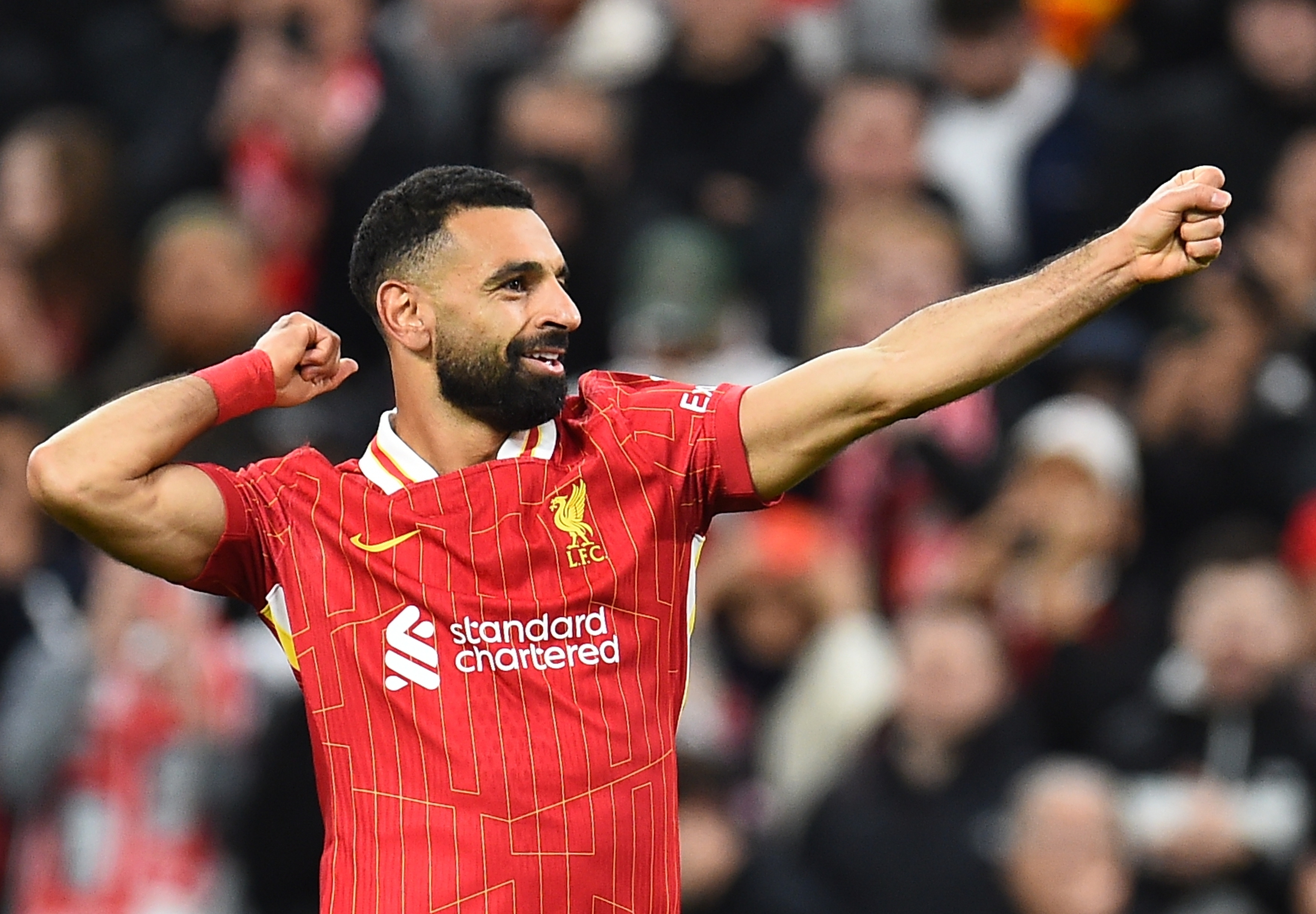 Liverpool (United Kingdom), 02/10/2024.- Liverpool's Mohamed Salah celebrates after scoring the 2-0 goal during the UEFA Champions League soccer match between Liverpool FC and Bologna FC 1909 in Liverpool, Britain, 02 October 2024. (Liga de Campeones, Reino Unido) EFE/EPA/PETER POWELL
