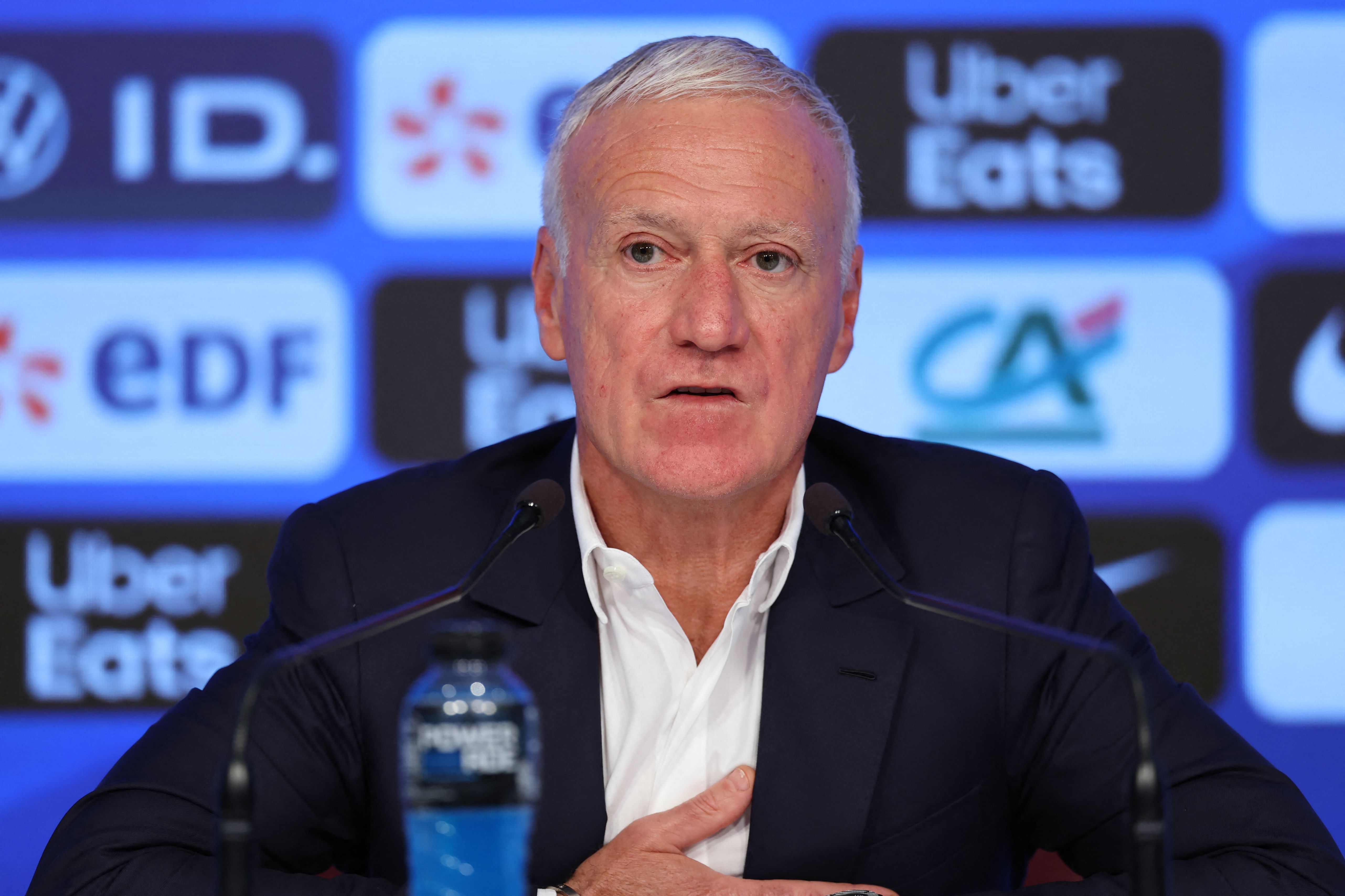 France's national football team head coach Didier Deschamps attends a press conference to announce the squad for Brazil and Colombia friendly matches at the French Football Federation (FFF) headquarters in Paris on March 18, 2026. (Photo by FRANCK FIFE / AFP)