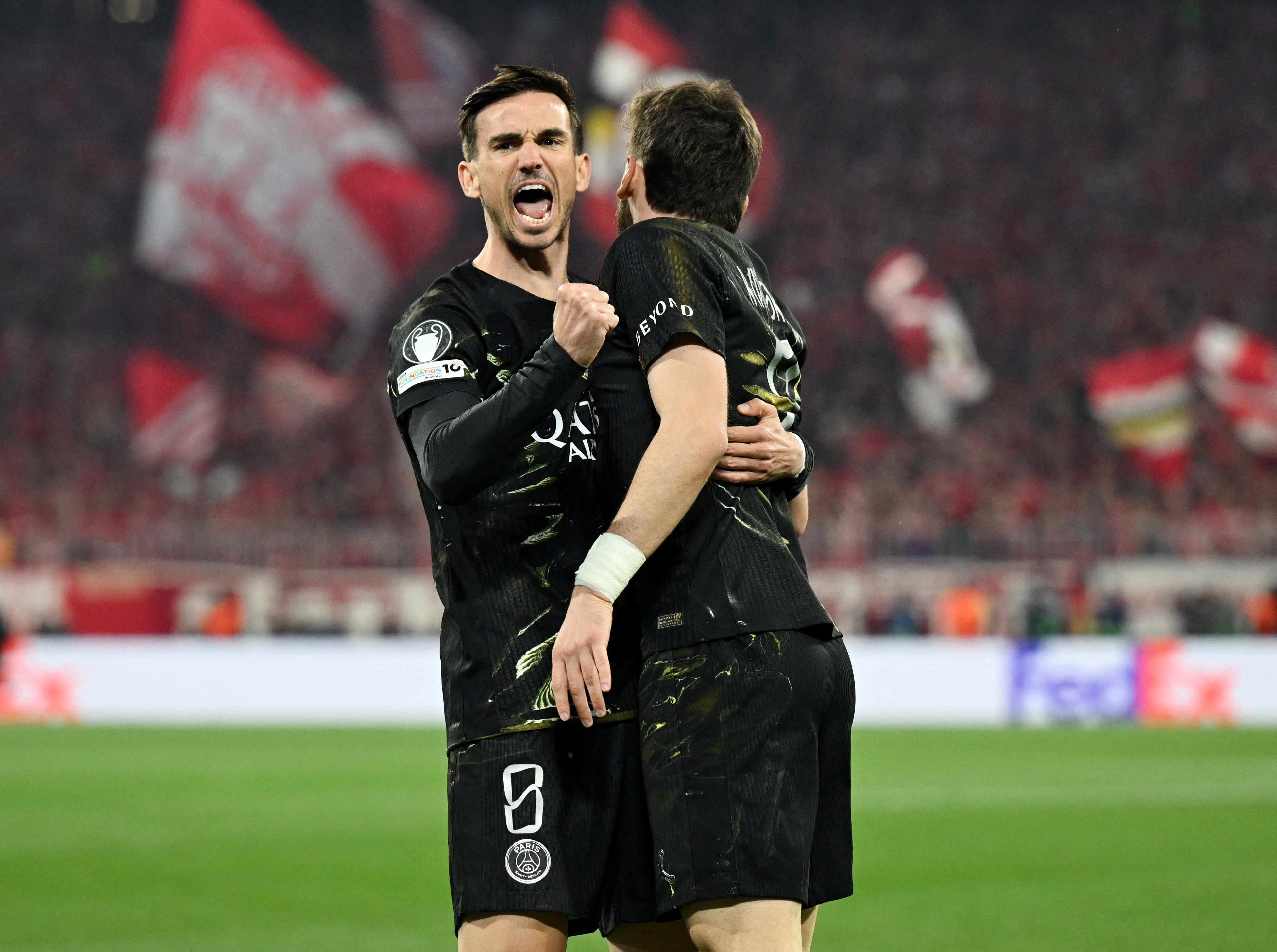 Soccer Football - UEFA Champions League - Semi Final - Second Leg - Bayern Munich v Paris St Germain - Allianz Arena, Munich, Germany - May 6, 2026 Paris St Germain's Fabian Ruiz celebrates after Ousmane Dembele scores their first goal REUTERS/Angelika Warmuth