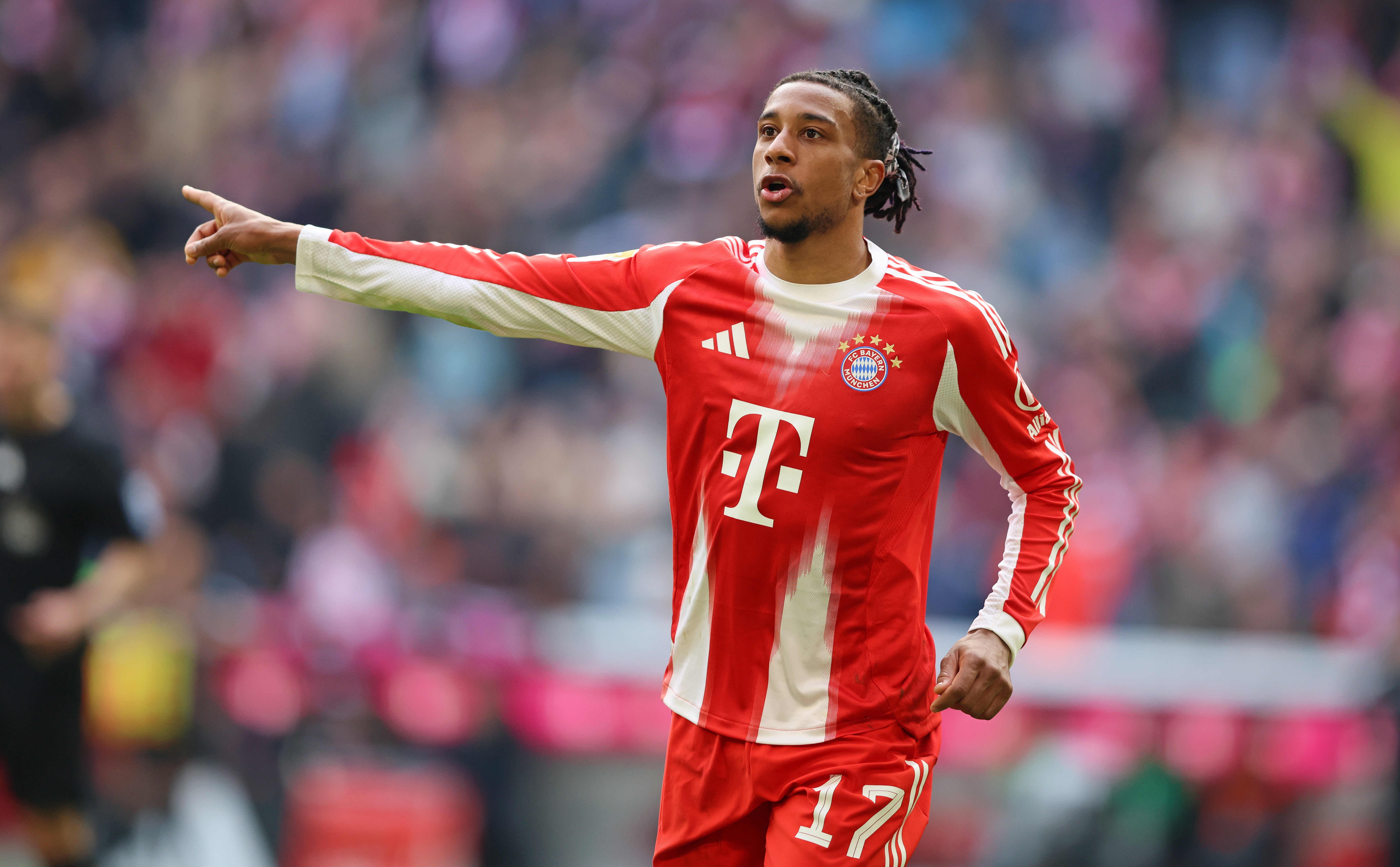 MUNICH, GERMANY - MARCH 21: Michael Olise of Bayern Muenchen celebrates as he scores the goal 1:0 during the Bundesliga match between FC Bayern München and 1. FC Union Berlin at Allianz Arena on March 21, 2026 in Munich, Germany. (Photo by Stefan Matzke - sampics/Getty Images)