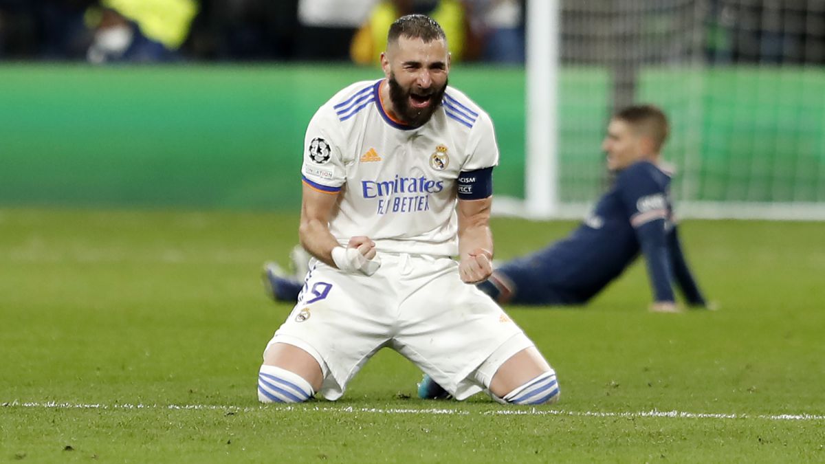 09/03/22 PARTIDO CHAMPIONS LEAGUE VUELTA OCTAVOS 
 REAL MADRID - PSG PARIS SAINT GERMAIN 
 FIN DE PARTIDO CELEBRACION ALEGRIA CLASIFICACION BENZEMA