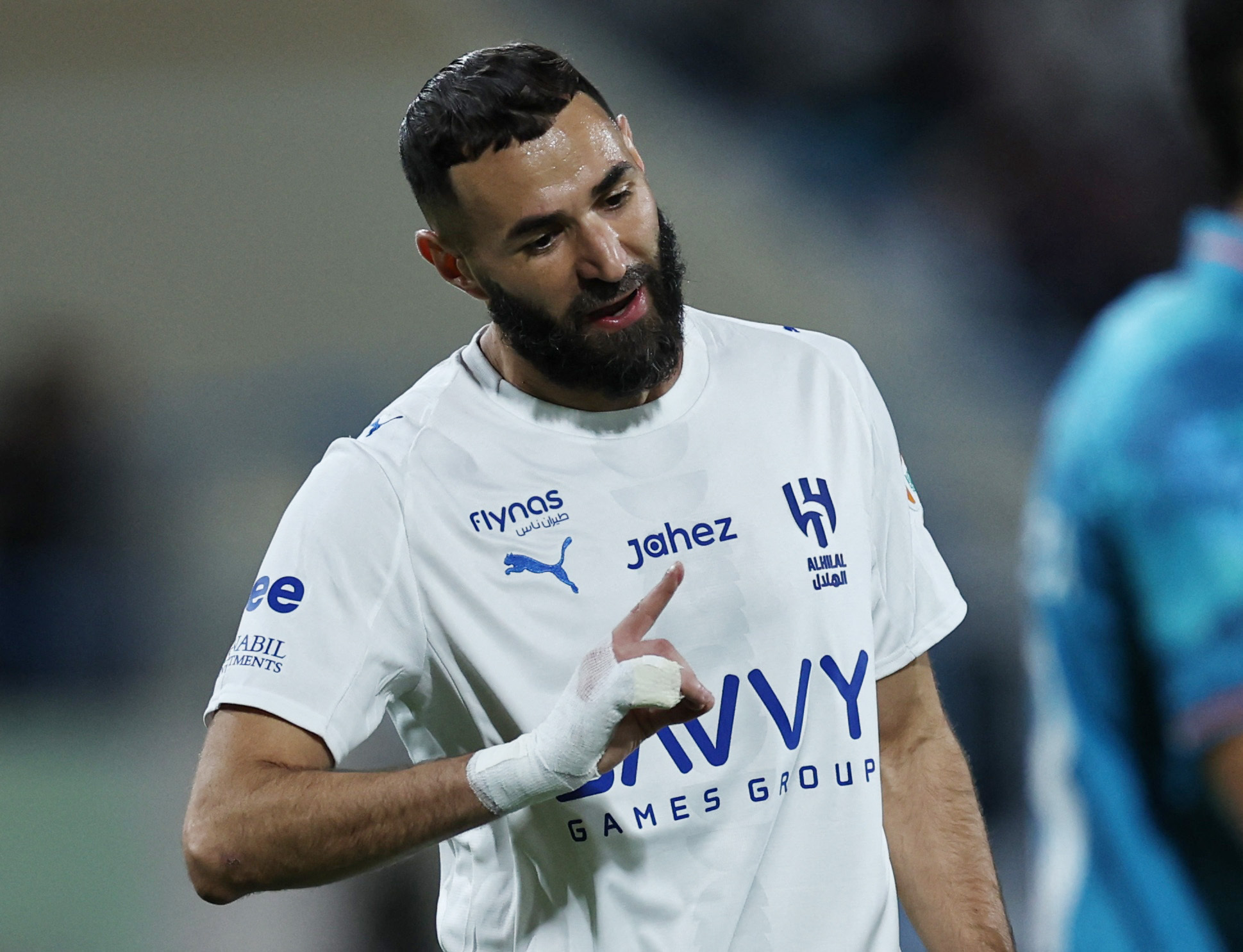 Soccer Football - Saudi Pro League - Al Okhdood v Al Hilal - Prince Hathloul Bin Absulaziz Sport City Stadium, Najran, Saudi Arabia - February 5, 2026  Al Hilal's Karim Benzema reacts REUTERS/Hamad I Mohammed