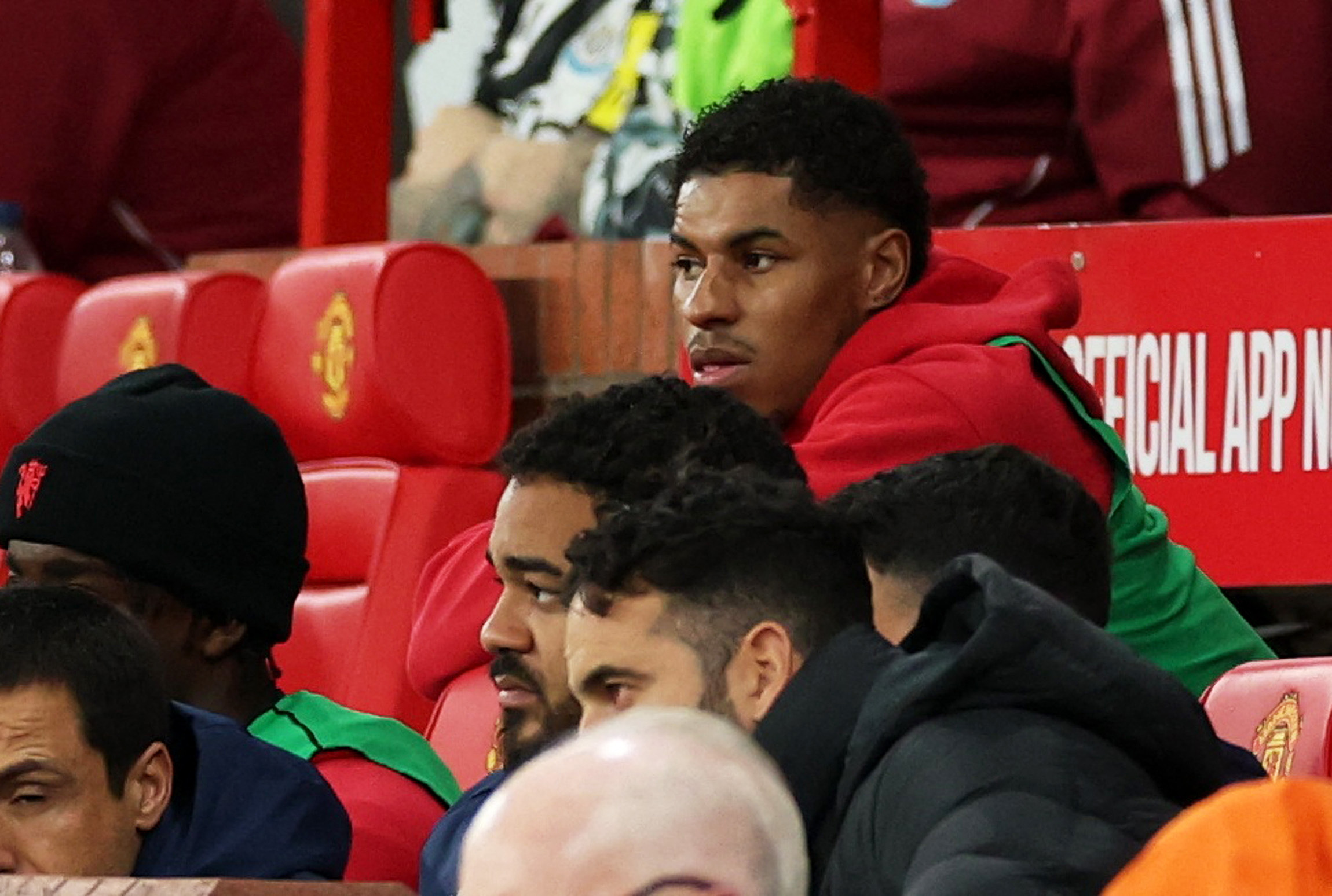 Soccer Football - Premier League - Manchester United v Newcastle United - Old Trafford, Manchester, Britain - December 30, 2024 Manchester United's Marcus Rashford on the substitutes bench REUTERS/Phil Noble EDITORIAL USE ONLY. NO USE WITH UNAUTHORIZED AUDIO, VIDEO, DATA, FIXTURE LISTS, CLUB/LEAGUE LOGOS OR 'LIVE' SERVICES. ONLINE IN-MATCH USE LIMITED TO 120 IMAGES, NO VIDEO EMULATION. NO USE IN BETTING, GAMES OR SINGLE CLUB/LEAGUE/PLAYER PUBLICATIONS. PLEASE CONTACT YOUR ACCOUNT REPRESENTATIVE FOR FURTHER DETAILS..