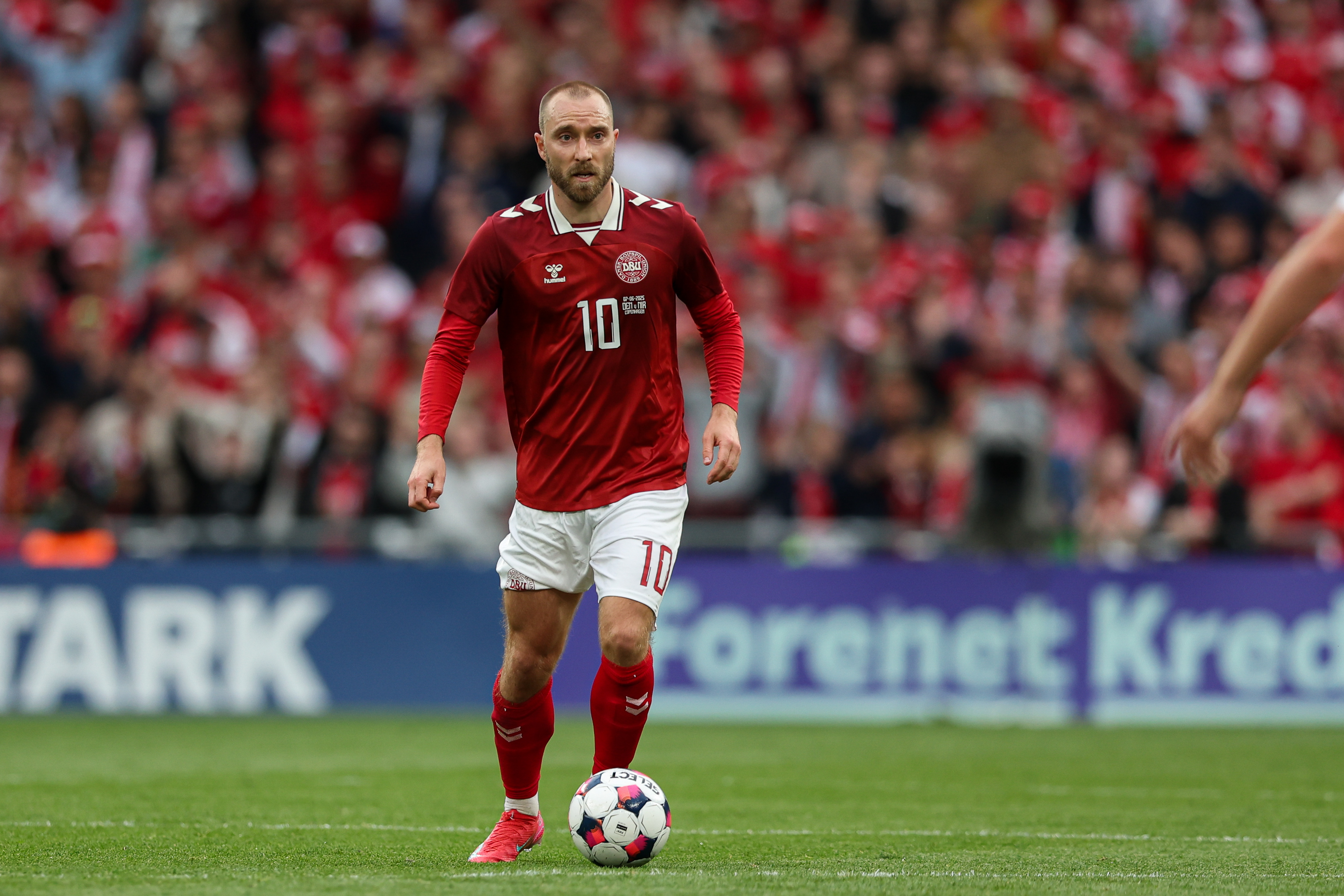COPENHAGEN, DENMARK - 2025/06/07: Christian Eriksen of Denmark seen in action during Friendly Match: football match between Denmark and Northern Ireland at Parken (Copenhagen). Final score; Denmark 2:1 Northern Ireland. (Photo by Grzegorz Wajda/SOPA Images/LightRocket via Getty Images)
