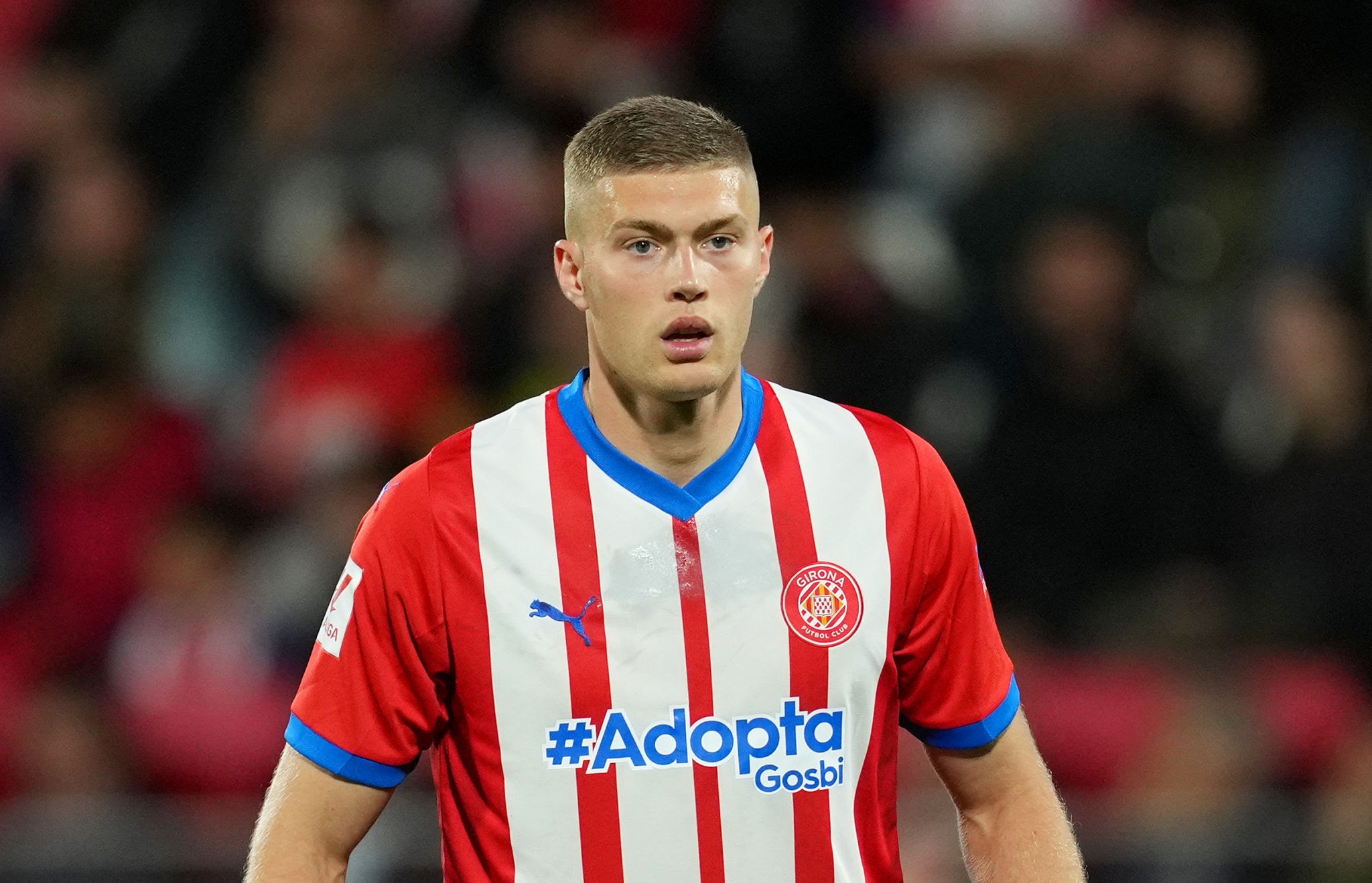 GIRONA, SPAIN - MAY 14: Artem Dovbyk of Girona FC looks on during the LaLiga EA Sports match between Girona FC and Villarreal CF at Montilivi Stadium on May 14, 2024 in Girona, Spain. (Photo by Alex Caparros/Getty Images)