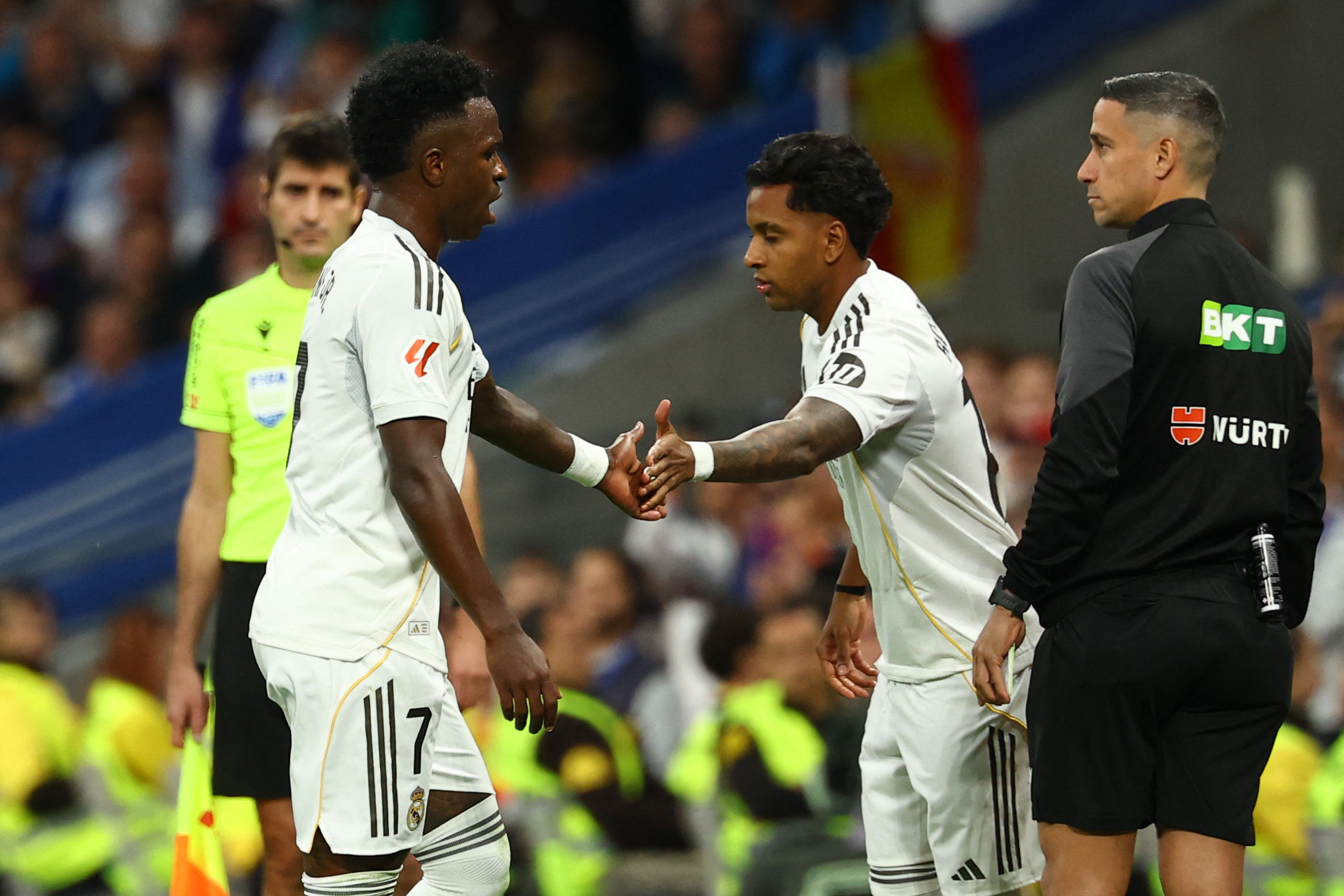 Soccer Football - LaLiga - Real Madrid v FC Barcelona - Santiago Bernabeu, Madrid, Spain - October 26, 2025 Real Madrid's Rodrygo comes on as a substitute to replace Vinicius Junior REUTERS/Susana Vera