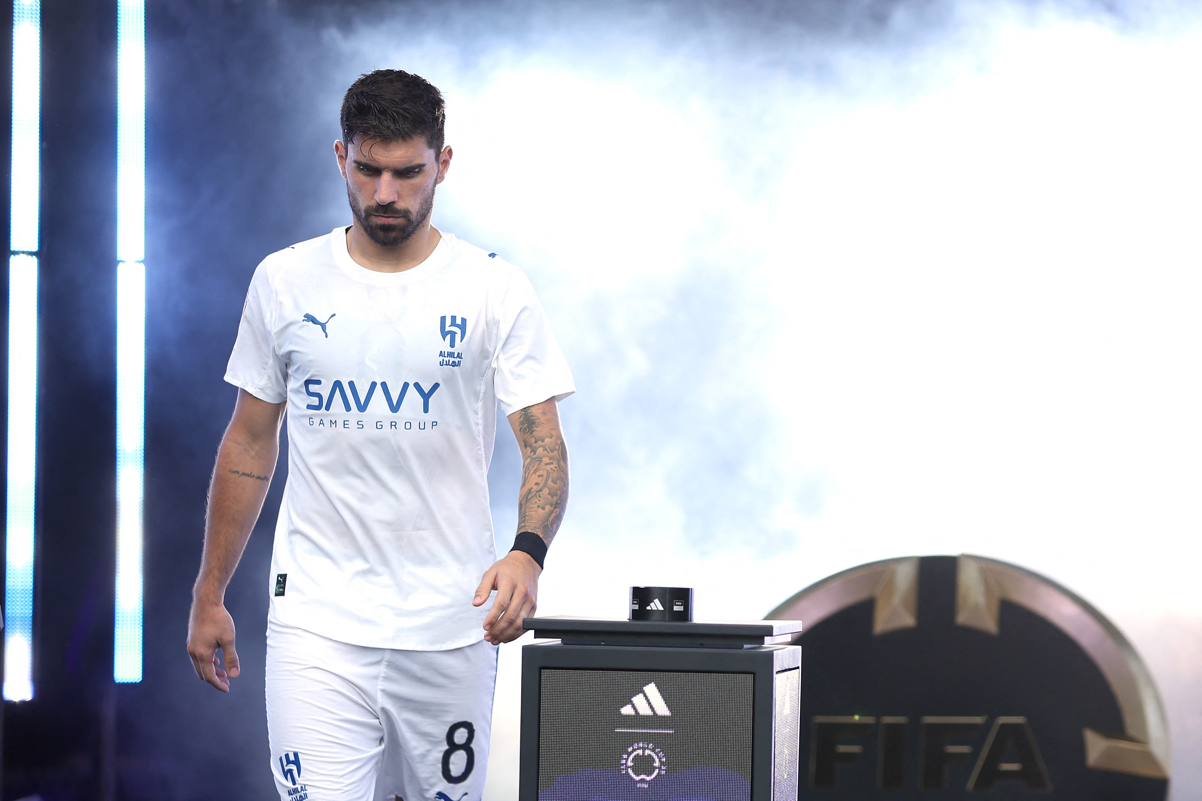 ORLANDO, FLORIDA - JULY 04: Ruben Neves #8 of Al Hilal enters the pitch prior to the FIFA Club World Cup 2025 quarter final match between Fluminense FC and Al Hilal at Camping World Stadium on July 04, 2025 in Orlando, Florida. Megan Briggs/Getty Images/AFP (Photo by Megan Briggs / GETTY IMAGES NORTH AMERICA / Getty Images via AFP)
