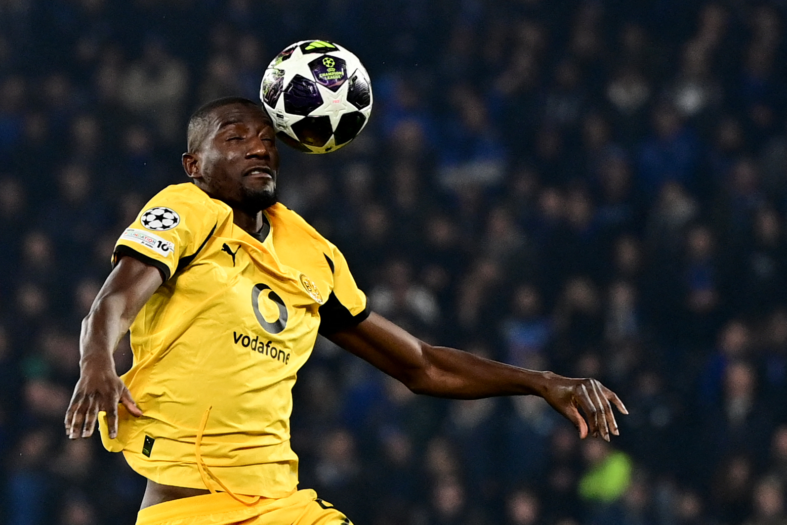 Dortmund's Guinean forward #09 Serhou Guirassy heads the ball during the UEFA Champions League knockout round play-off second leg football match between Atalanta and Borussia Dortmund at the Stadio di Bergamo in Bergamo, on February 25, 2026. (Photo by PIERO CRUCIATTI / AFP)
