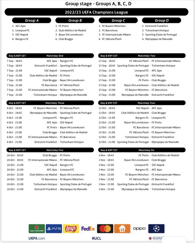 Liga dos Campeões 2022/23: Calendário da fase de grupos – DW – 29/08/2022