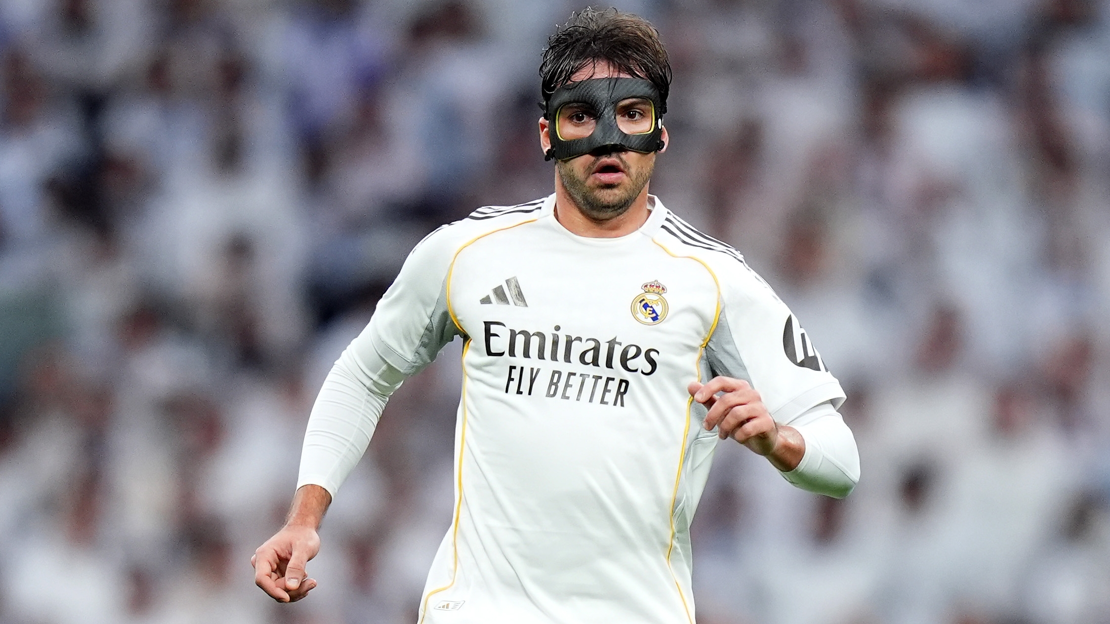 MADRID, SPAIN - JANUARY 17: Raul Asencio of Real Madrid controls the ball during the LaLiga EA Sports match between Real Madrid CF and Levante UD at Estadio Santiago Bernabeu on January 17, 2026 in Madrid, Spain. (Photo by Angel Martinez/Getty Images)