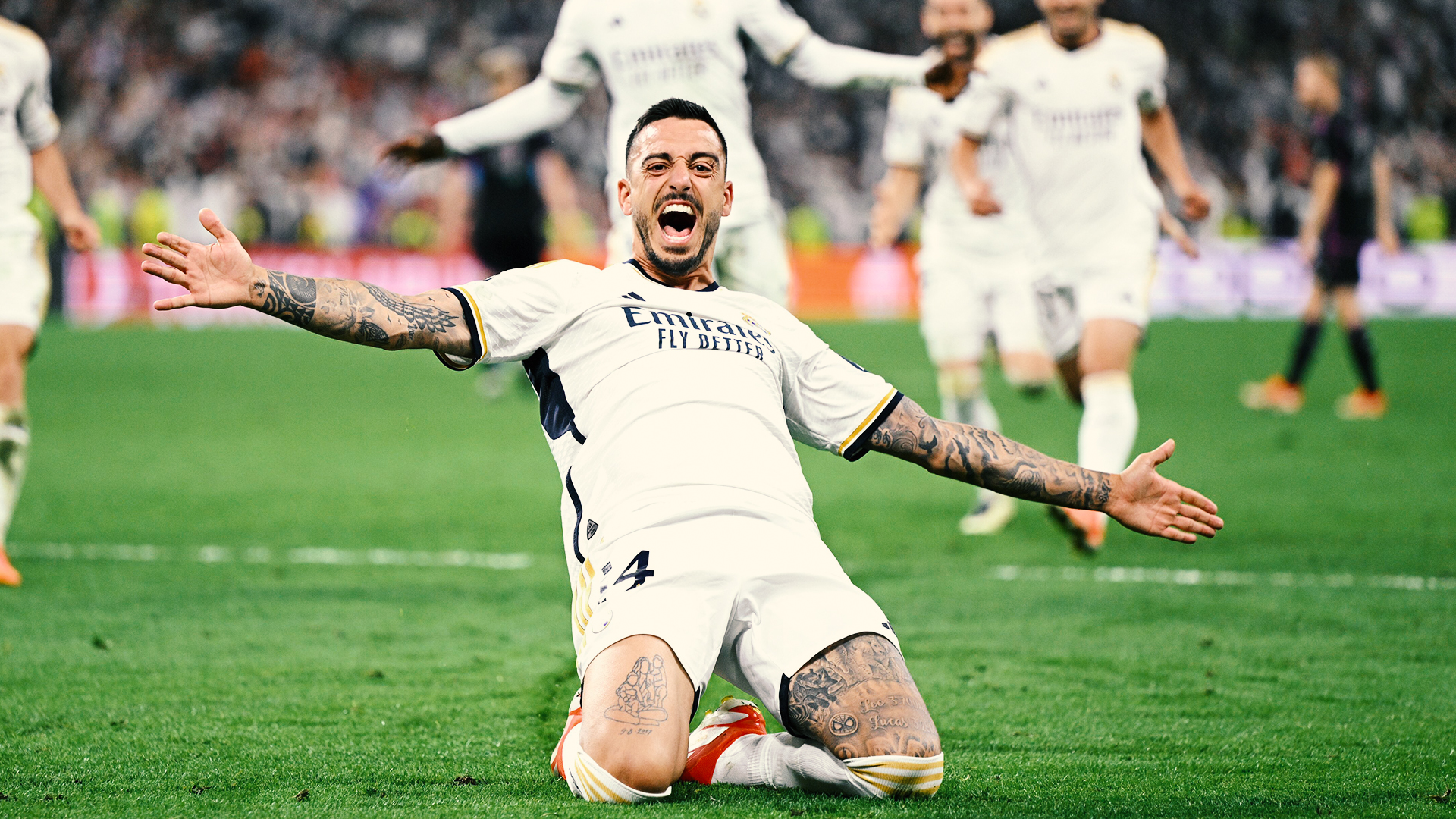 MADRID, SPAIN - MAY 08: Joselu of Real Madrid celebrates scoring his team's second goal during the UEFA Champions League semi-final second leg match between Real Madrid and FC Bayern München at Estadio Santiago Bernabeu on May 08, 2024 in Madrid, Spain. (Photo by David Ramos/Getty Images)