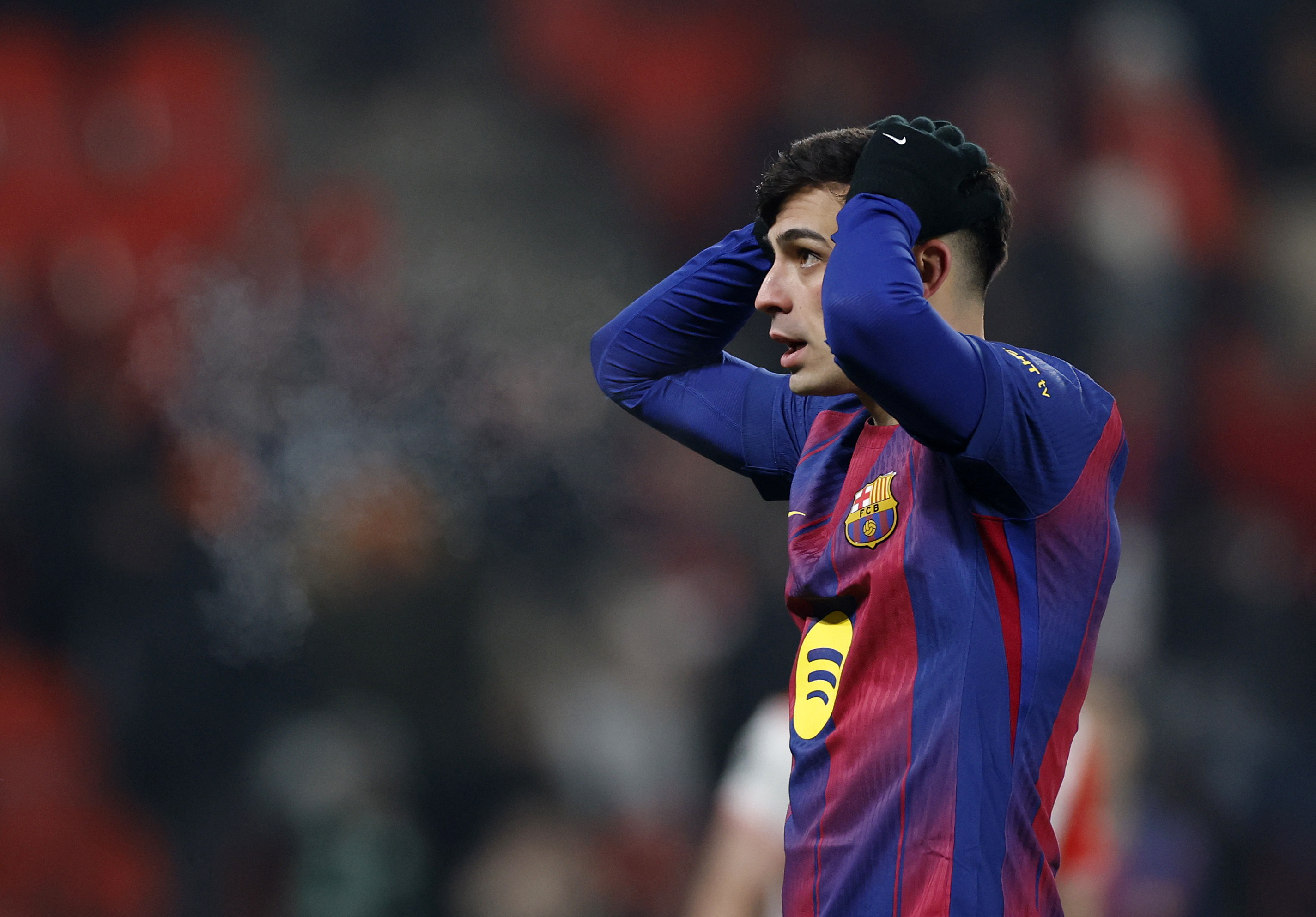 Soccer Football - UEFA Champions League - Slavia Prague v FC Barcelona - Fortuna Arena, Prague, Czech Republic - January 21, 2026 FC Barcelona's Pedri reacts REUTERS/David W Cerny