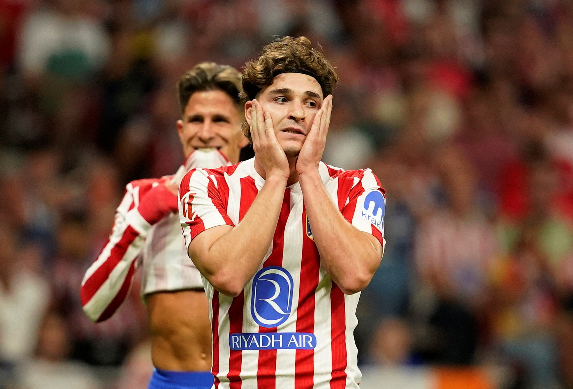 FILE PHOTO: Soccer Football - LaLiga - Atletico Madrid v Villarreal - Riyadh Air Metropolitano, Madrid, Spain - September 13, 2025 Atletico Madrid's Julian Alvarez reacts during the match REUTERS/Ana Beltran/File Photo