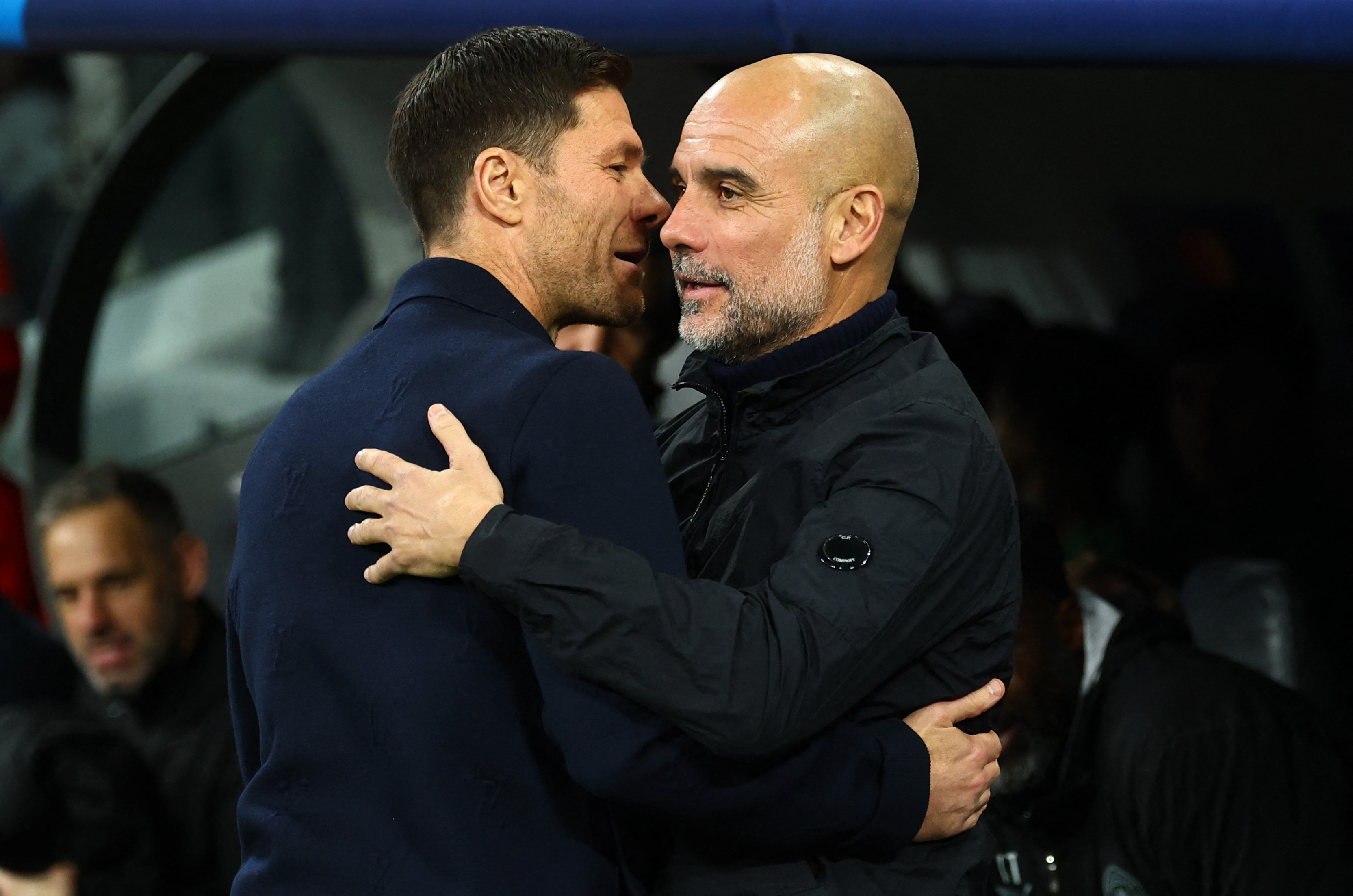 Soccer Football - UEFA Champions League - Real Madrid v Manchester City -  Santiago Bernabeu, Madrid, Spain - December 10, 2025 Real Madrid coach Xabi Alonso and Manchester City manager Pep Guardiola before the match REUTERS/Susana Vera