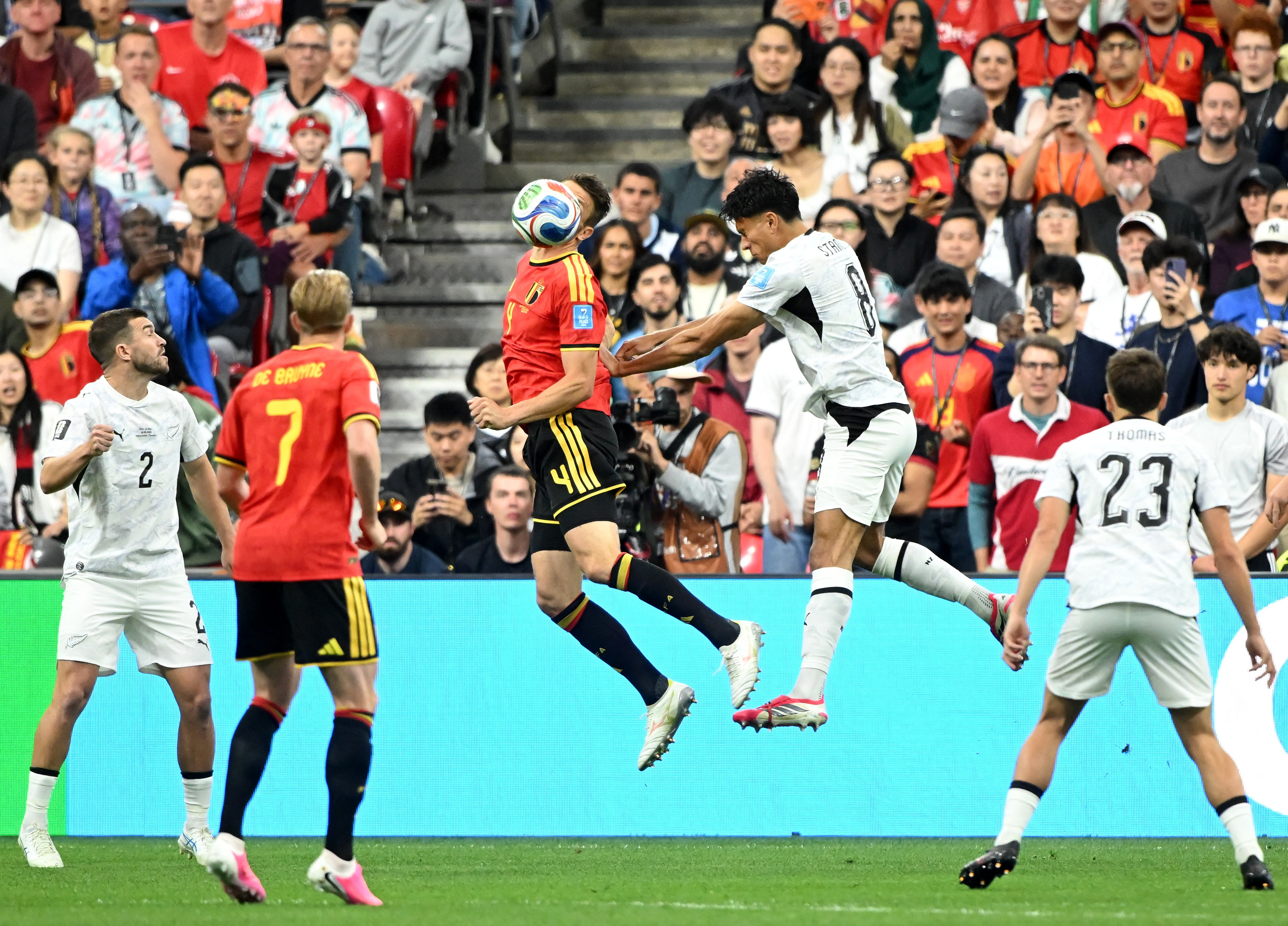 Soccer Football - FIFA World Cup 2026 - Group G - New Zealand v Belgium - BC Place, Vancouver, Canada - June 26, 2026 Belgium's Brandon Mechele in action with New Zealand's Marko Stamenic IMAGN IMAGES via Reuters/Anne-Marie Sorvin