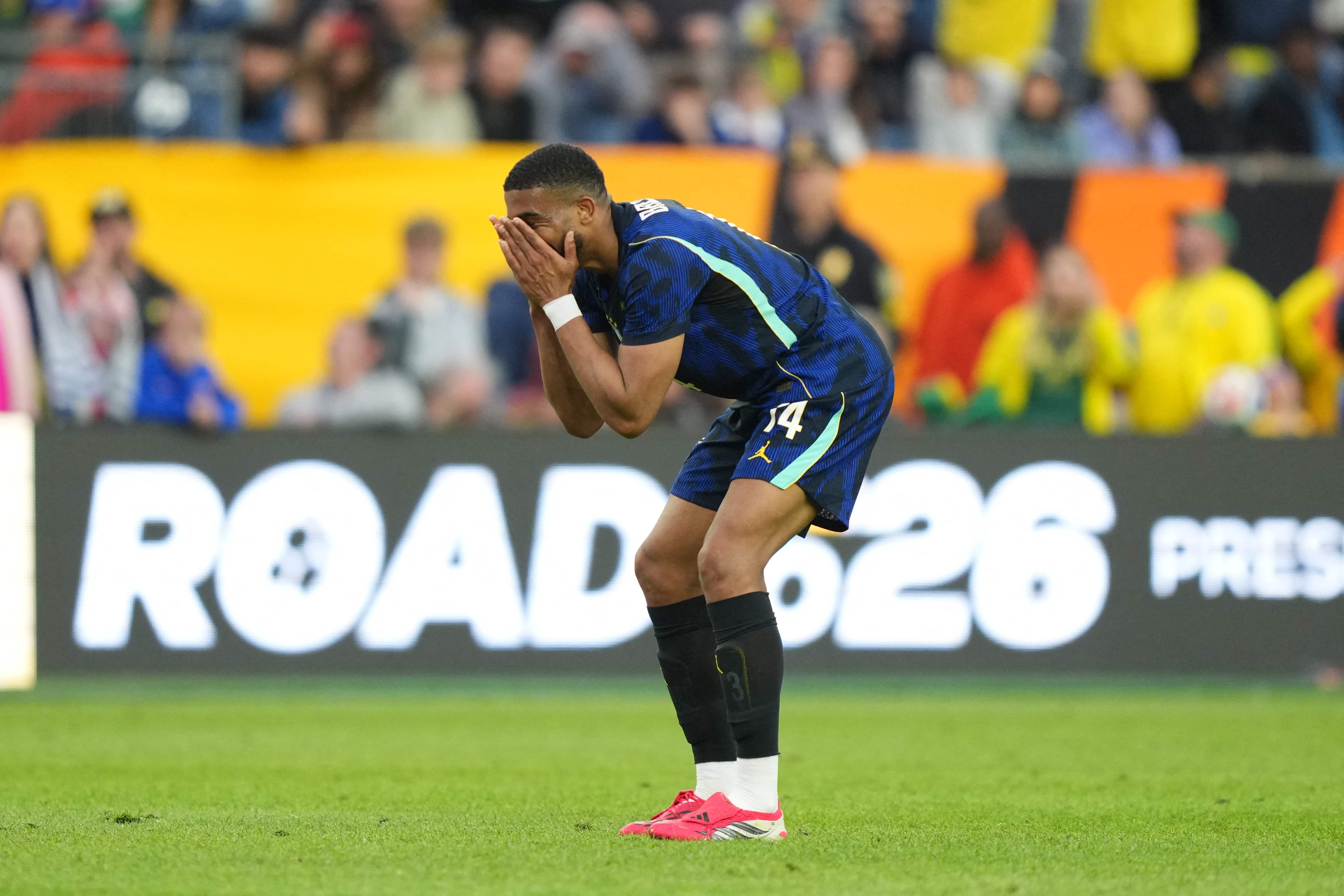 FOXBOROUGH, MASSACHUSETTS - MARCH 26: Bremer of Brazil reacts during the international friendly match between Brazil and France at Gillette Stadium on March 26, 2026 in Foxborough, Massachusetts. Michael Owens/Getty Images/AFP (Photo by Michael Owens / GETTY IMAGES NORTH AMERICA / Getty Images via AFP)