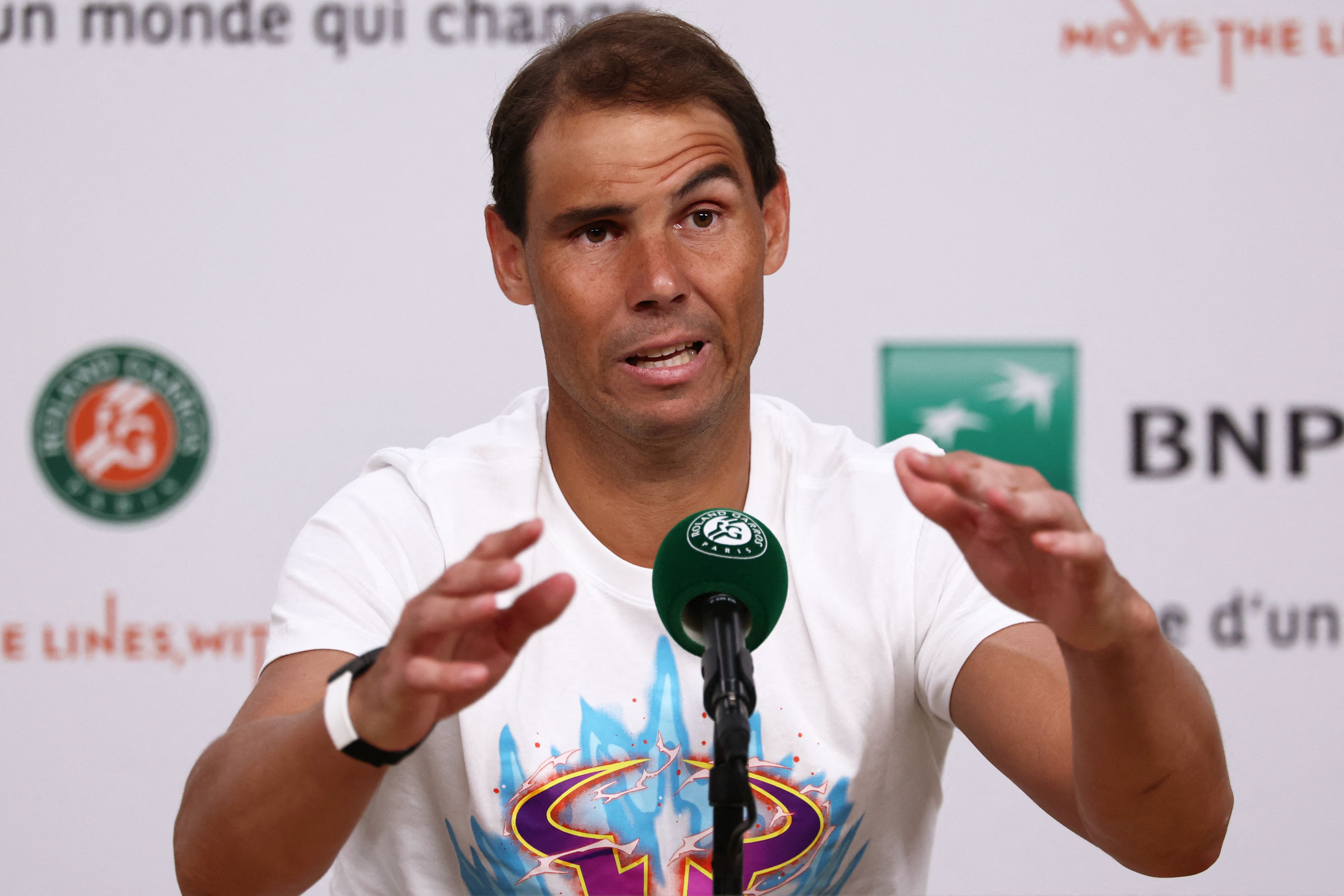 Spain's Rafael Nadal gestures during a press conference after losing his men's singles match against Germany's Alexander Zverev on day two of the French Open tennis tournament at the Roland Garros Complex in Paris on May 27, 2024. (Photo by EMMANUEL DUNAND / AFP)