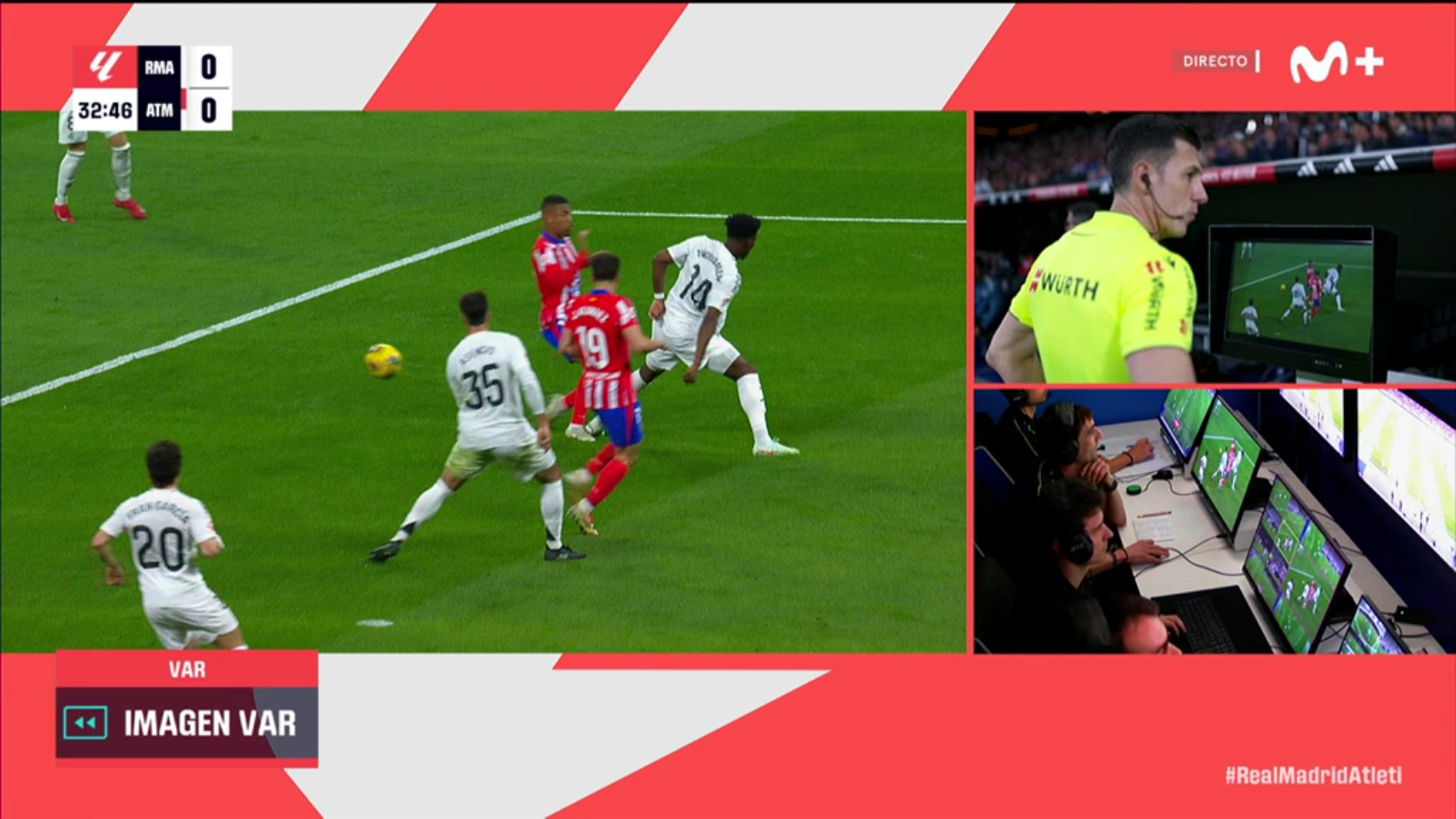 La imagen del VAR del penalti por pisotón de Tchouameni a Lino en el derbi Real Madrid-Atlético de la jornada 23 de LaLiga EA Sports.